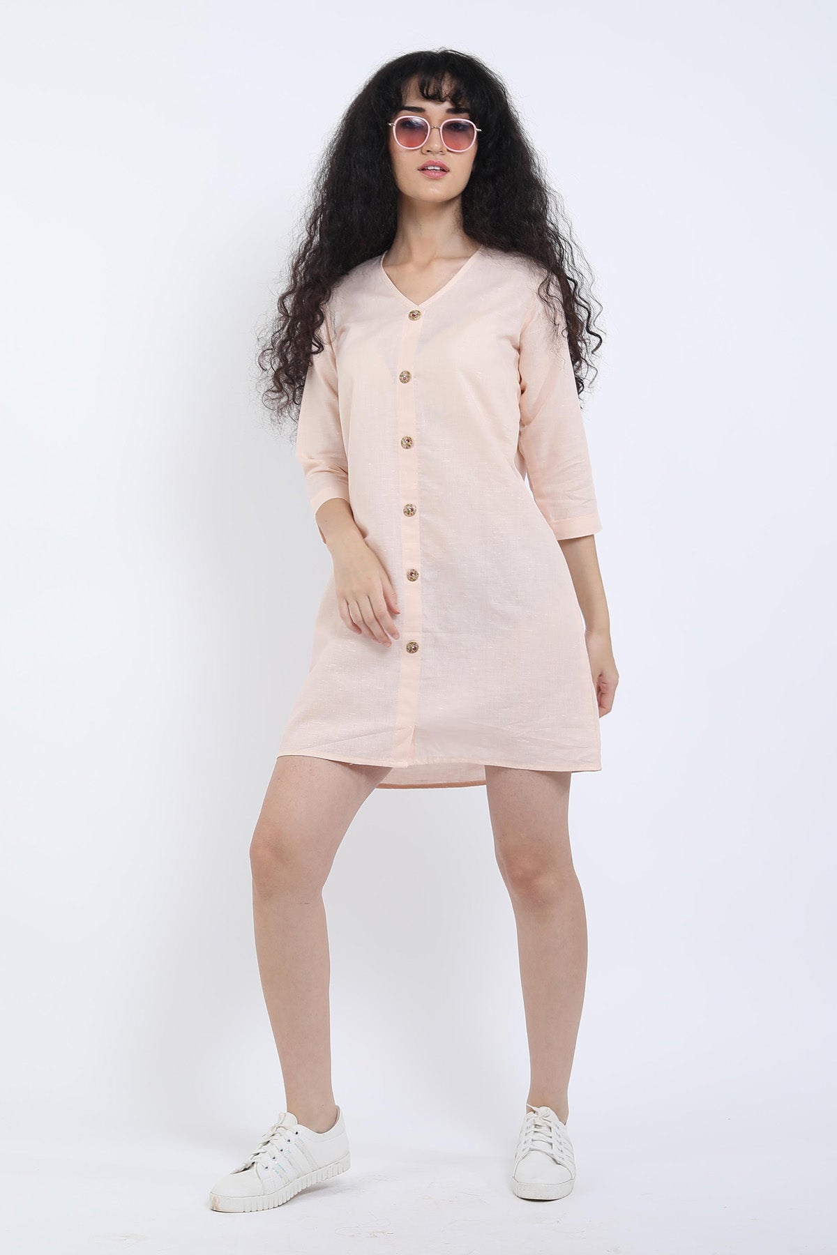 Buy Peach Cotton Linen Mini Dress for Women by SNEHA B Designer online available at scrollnshops