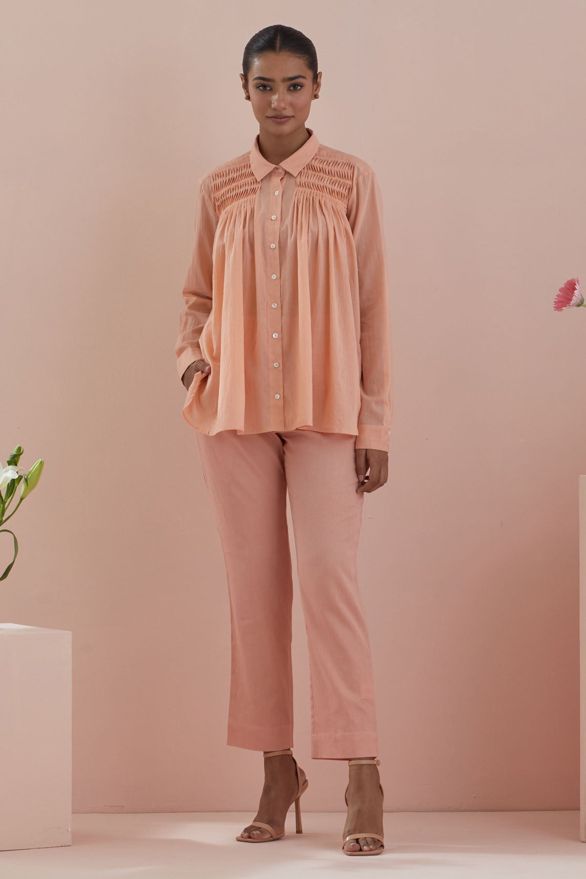 Vinusto Peach Cotton Pintuck Co-ord Set for women online at ScrollnShops