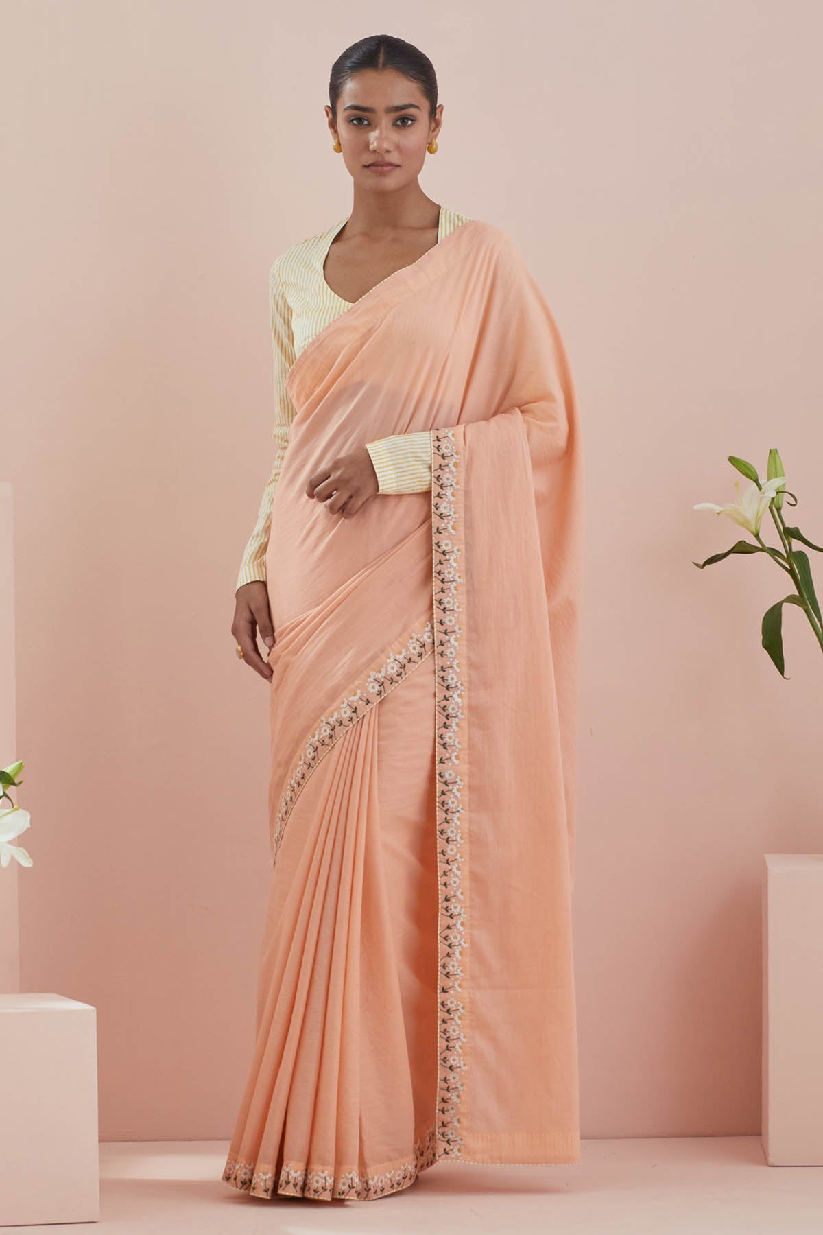 Vinusto Peach Cotton Saree & Blouse for women online at ScrollnShops
