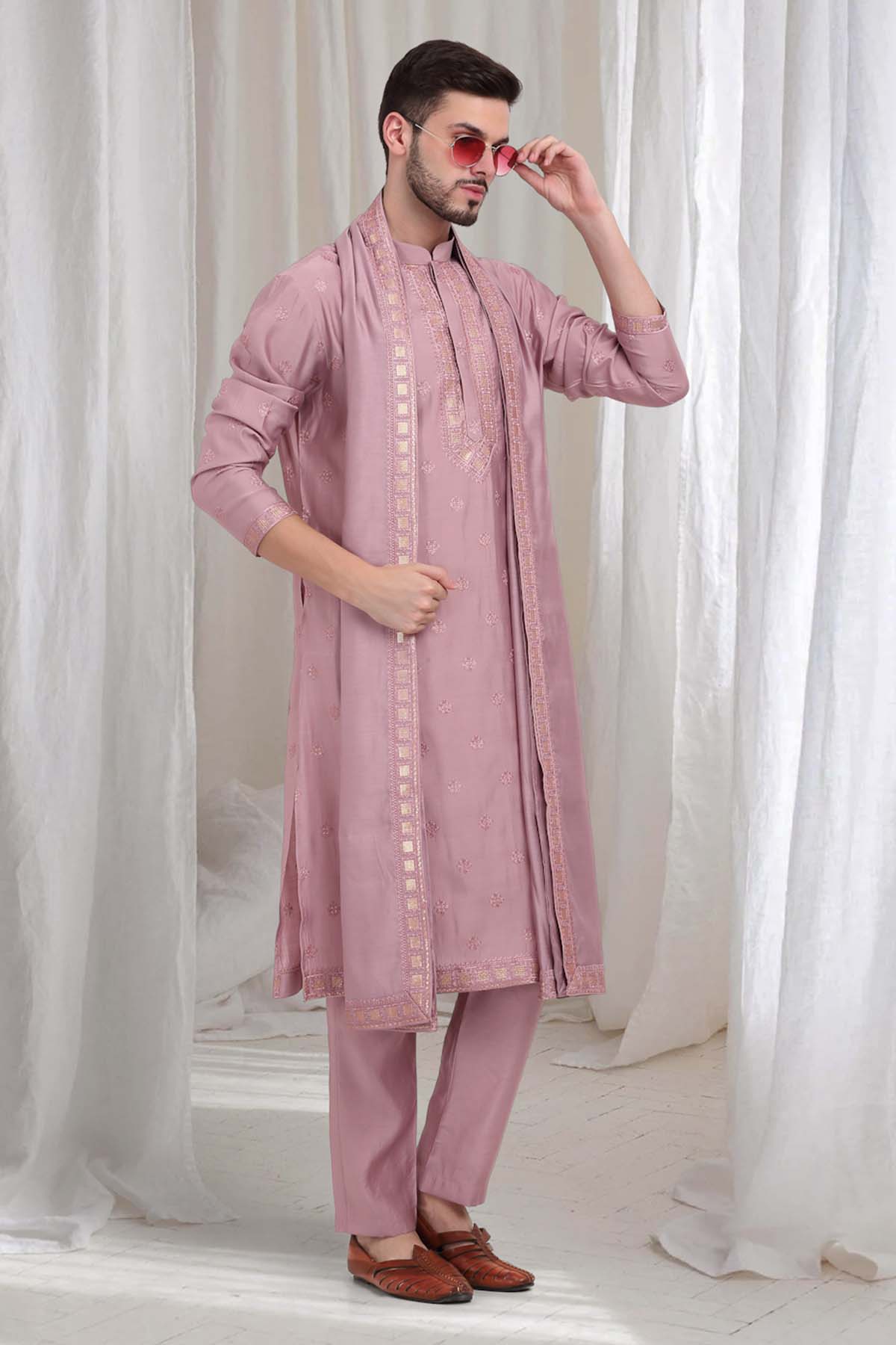 Peach Cotton Thread Kurta Set