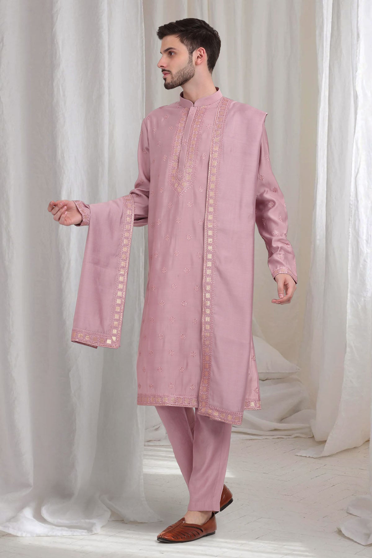 Buy Peach Cotton Thread Kurta Set by Aham Vayam for men online at ScrollnShops