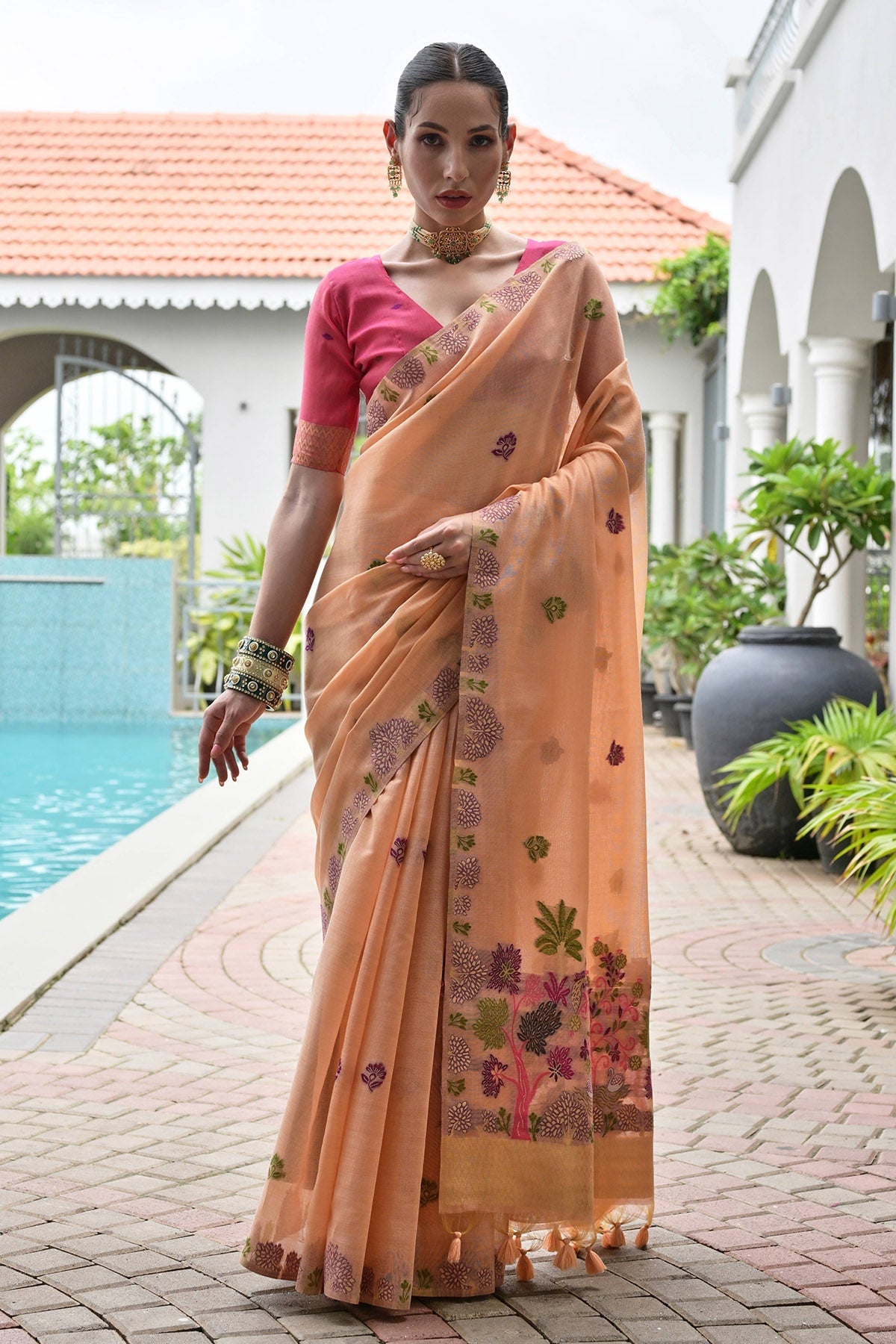 Buy Peach Cotton Thread Woven Saree for women by Lili Lala Designer online available at scrollnshops