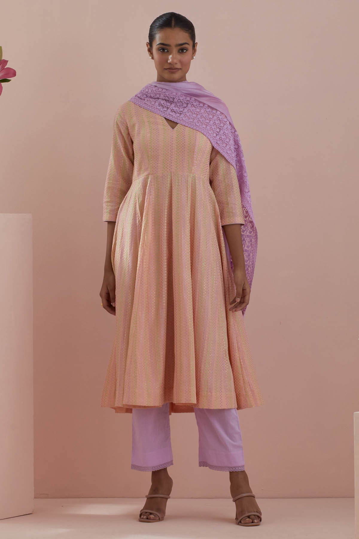 Vinusto Peach Cotton Waves Anarkali Set for women online at ScrollnShops