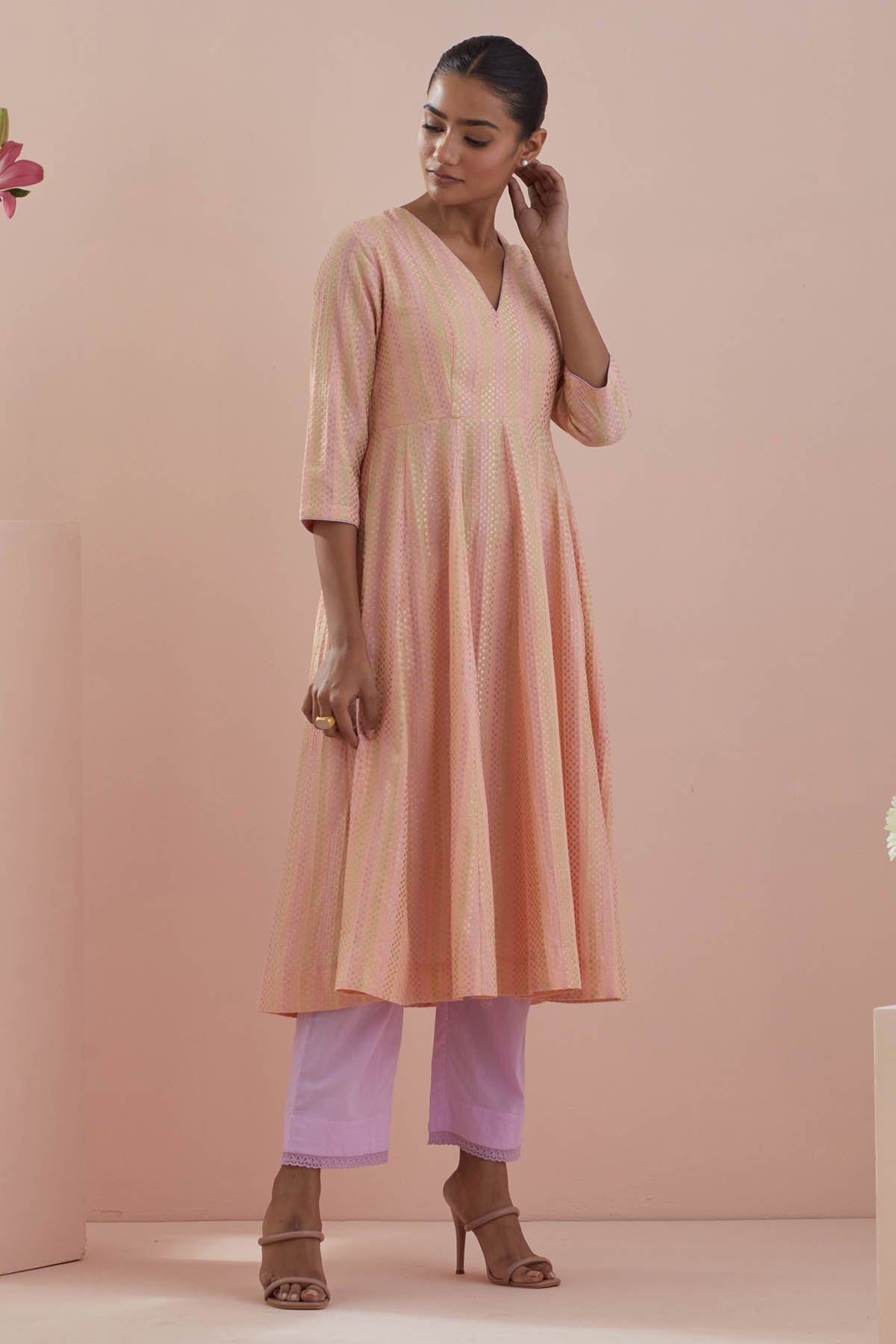 Peach Cotton Waves Anarkali Set