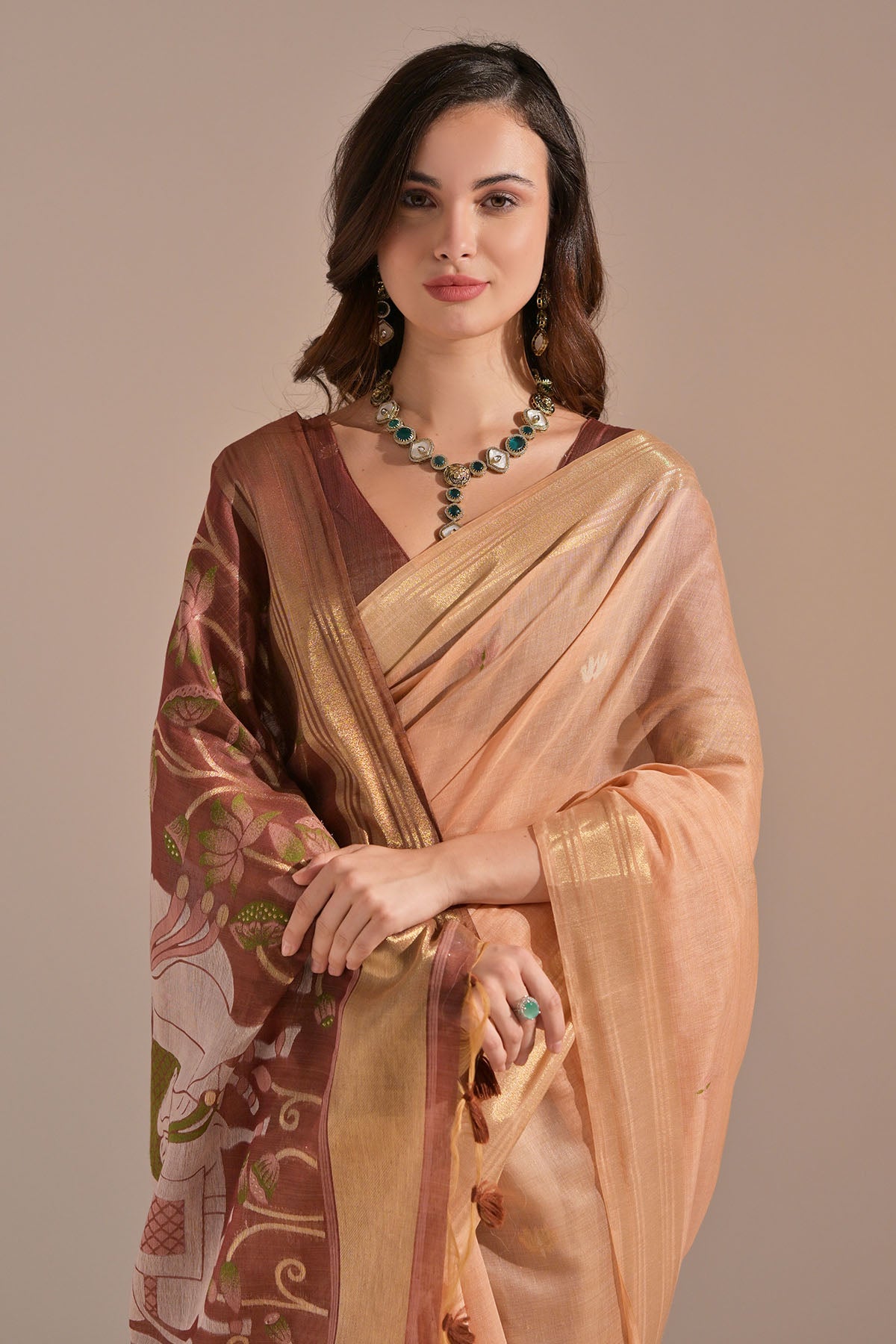 Peach Cow Thread Work Saree