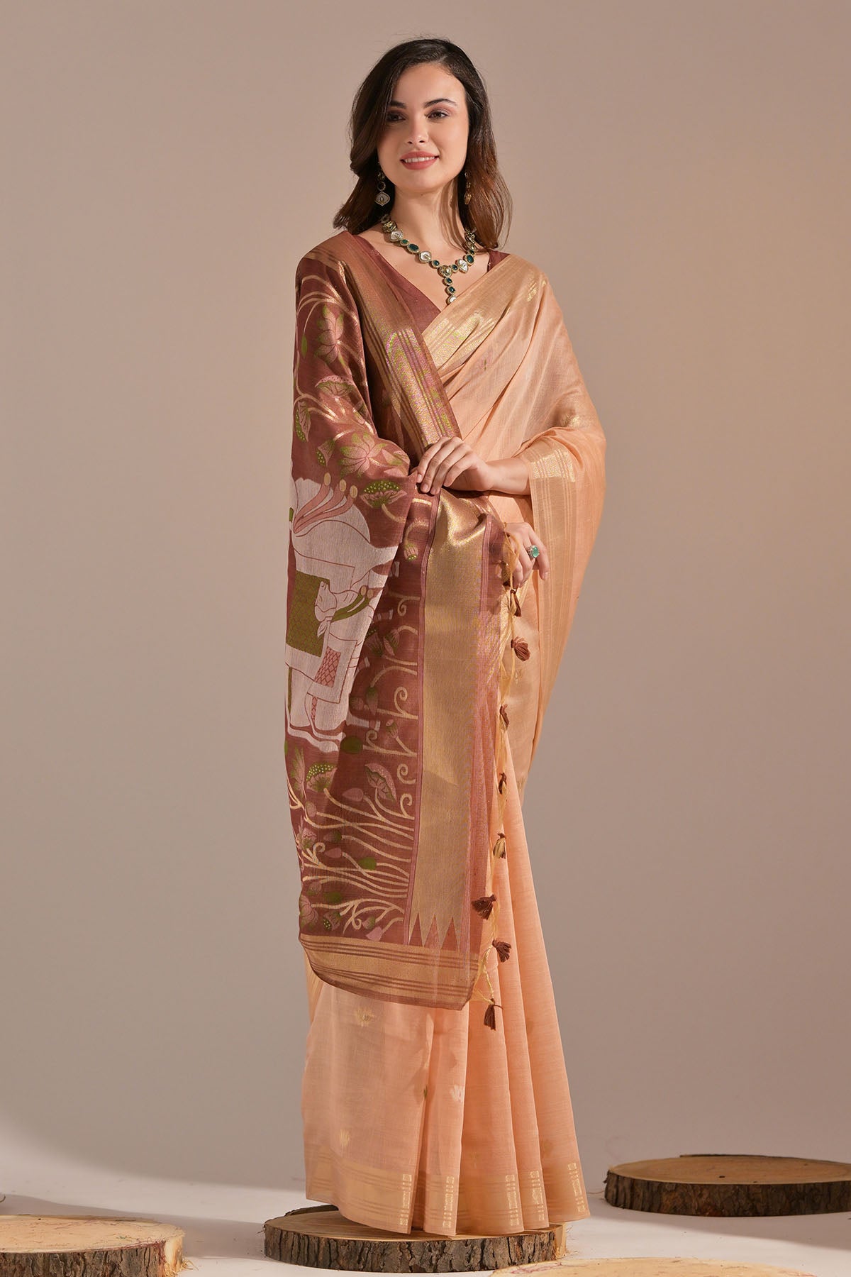 Peach Cow Thread Work Saree