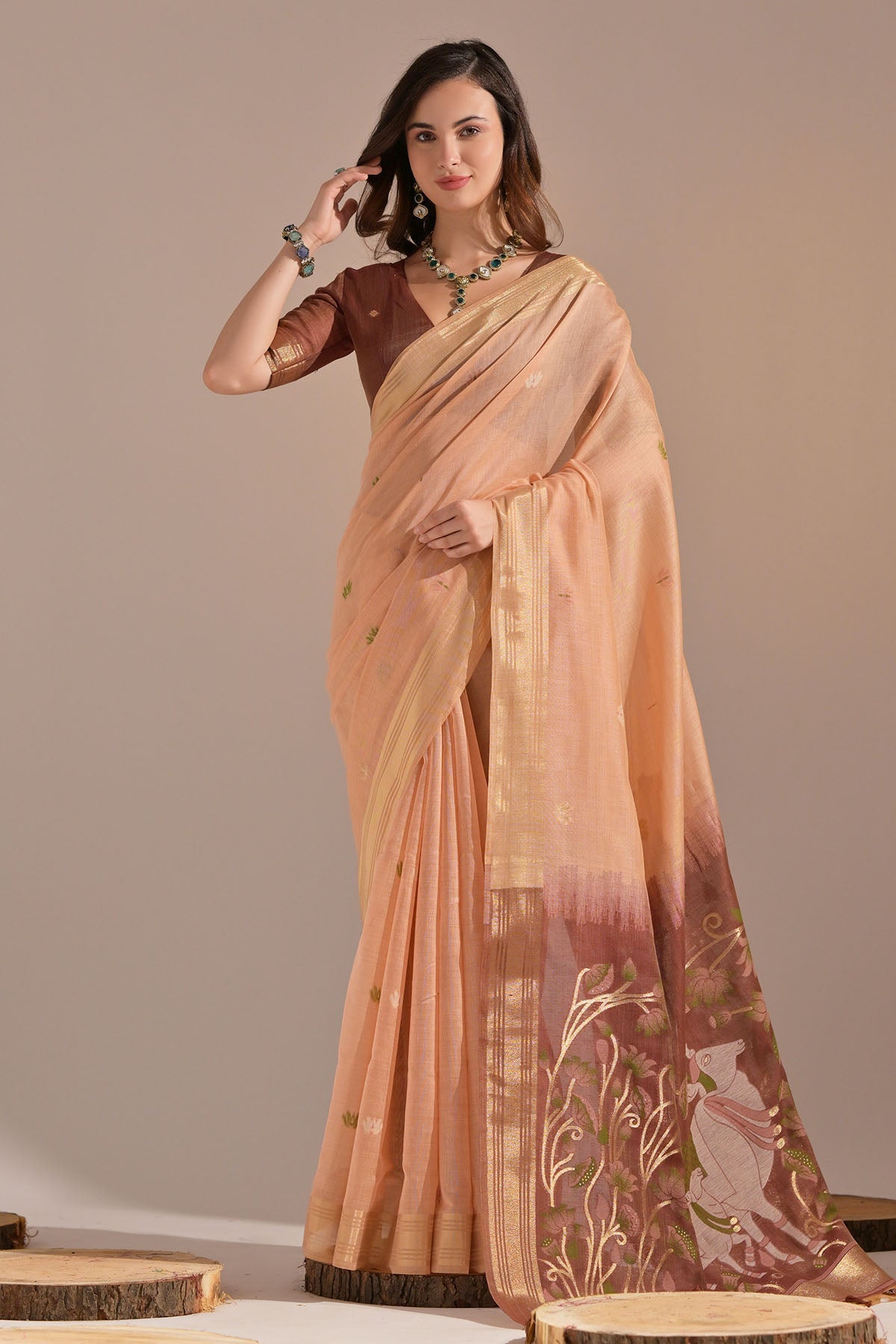 Buy Peach Cow Thread Work Saree by Lili Lala for women online at ScrollnShops