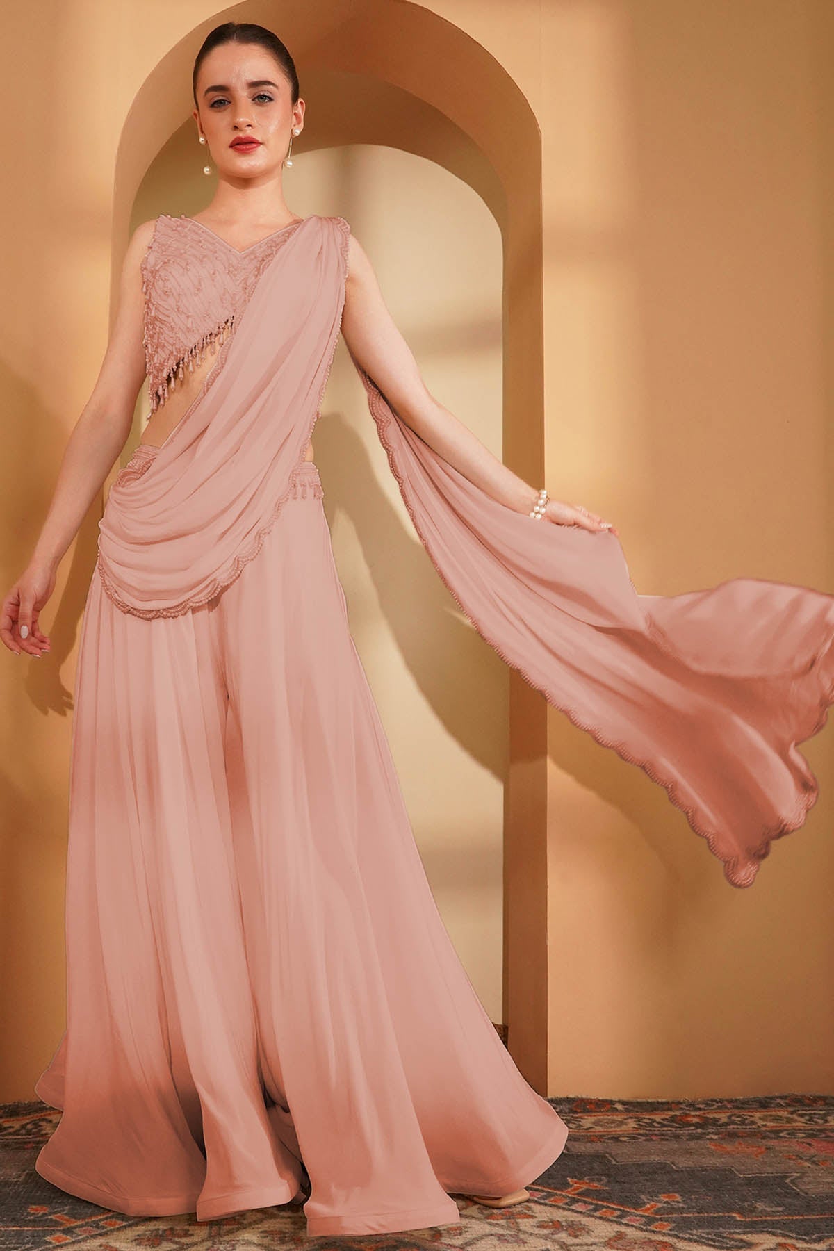 Buy Peach Crepe Indo-Western Set for women by Milu Madan online available at scrollnshops