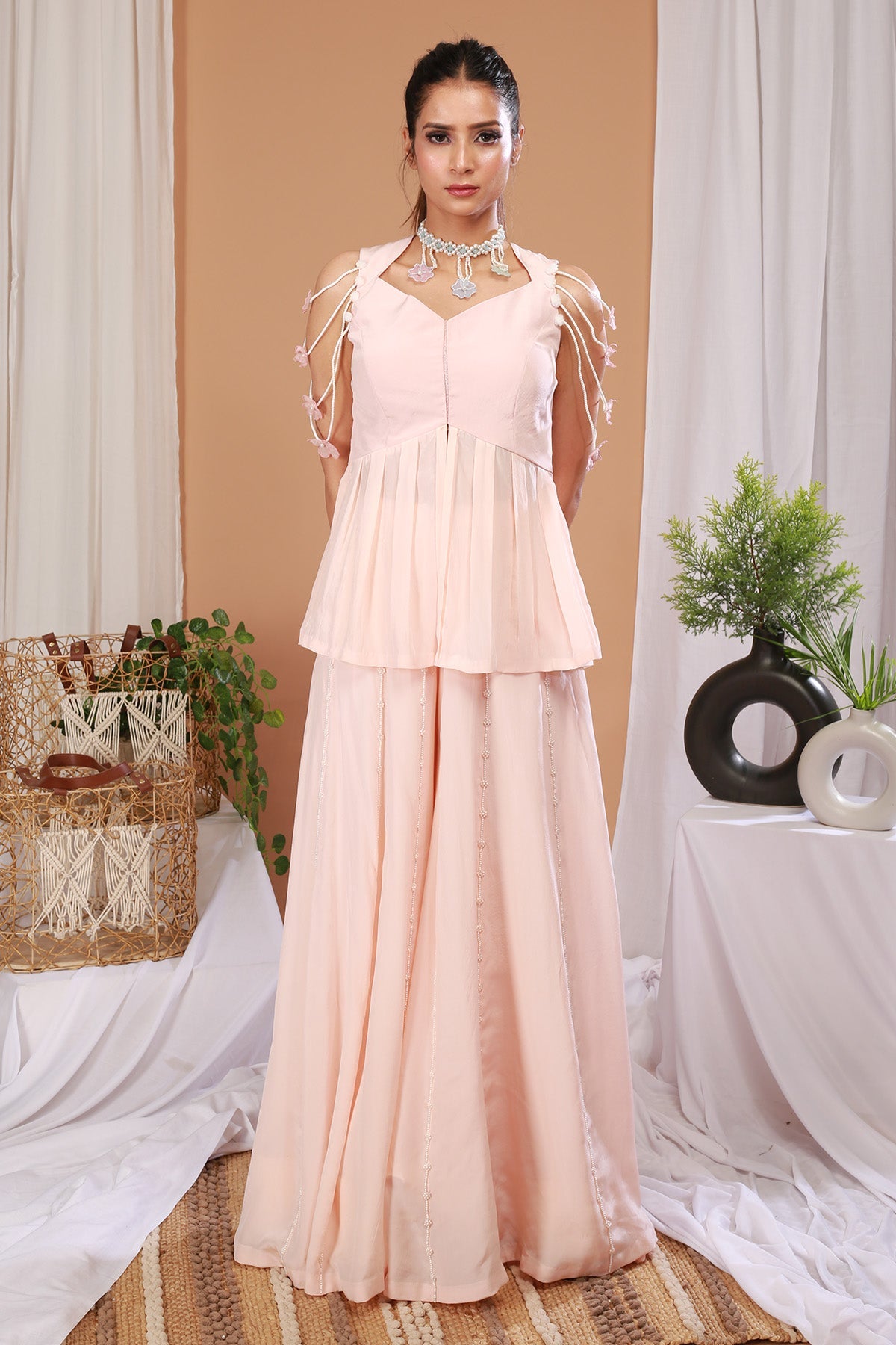 Buy Peach Crepe Peplum Top & Sharara by Payal Dawar for women online at ScrollnShops