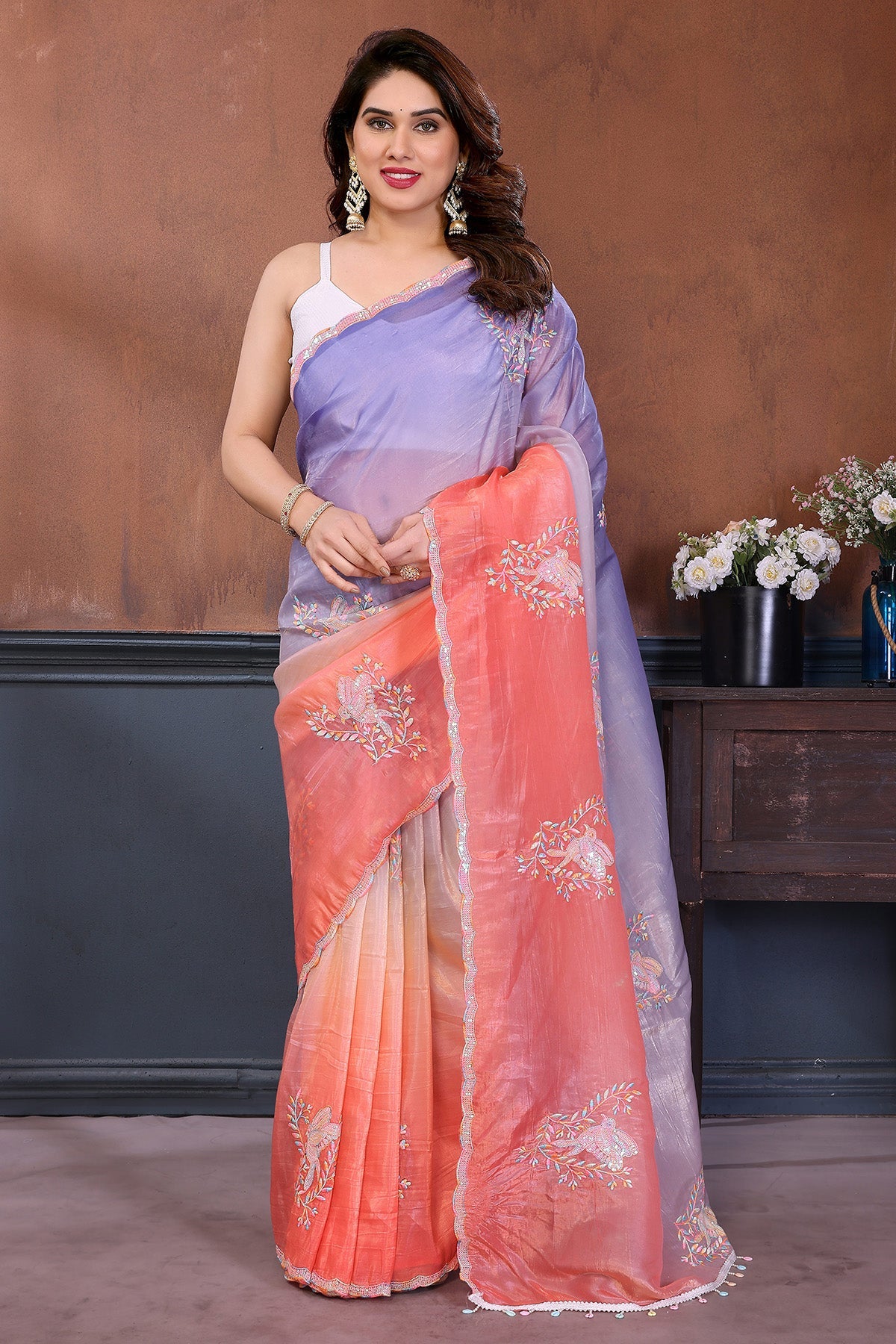 Buy Peach Crush Embroidered Saree for women by Aastha Fashion online available at scrollnshops
