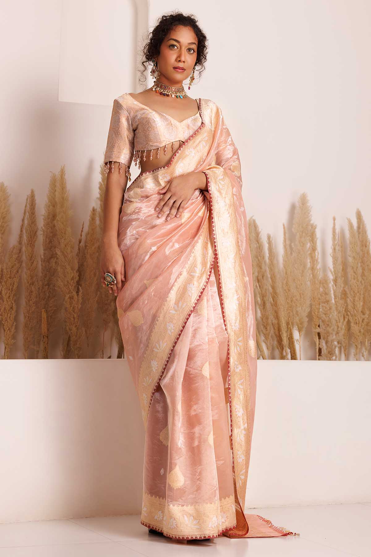 Chhaya Mehrotra Peach Crystal Embellished Saree for women online at ScrollnShops