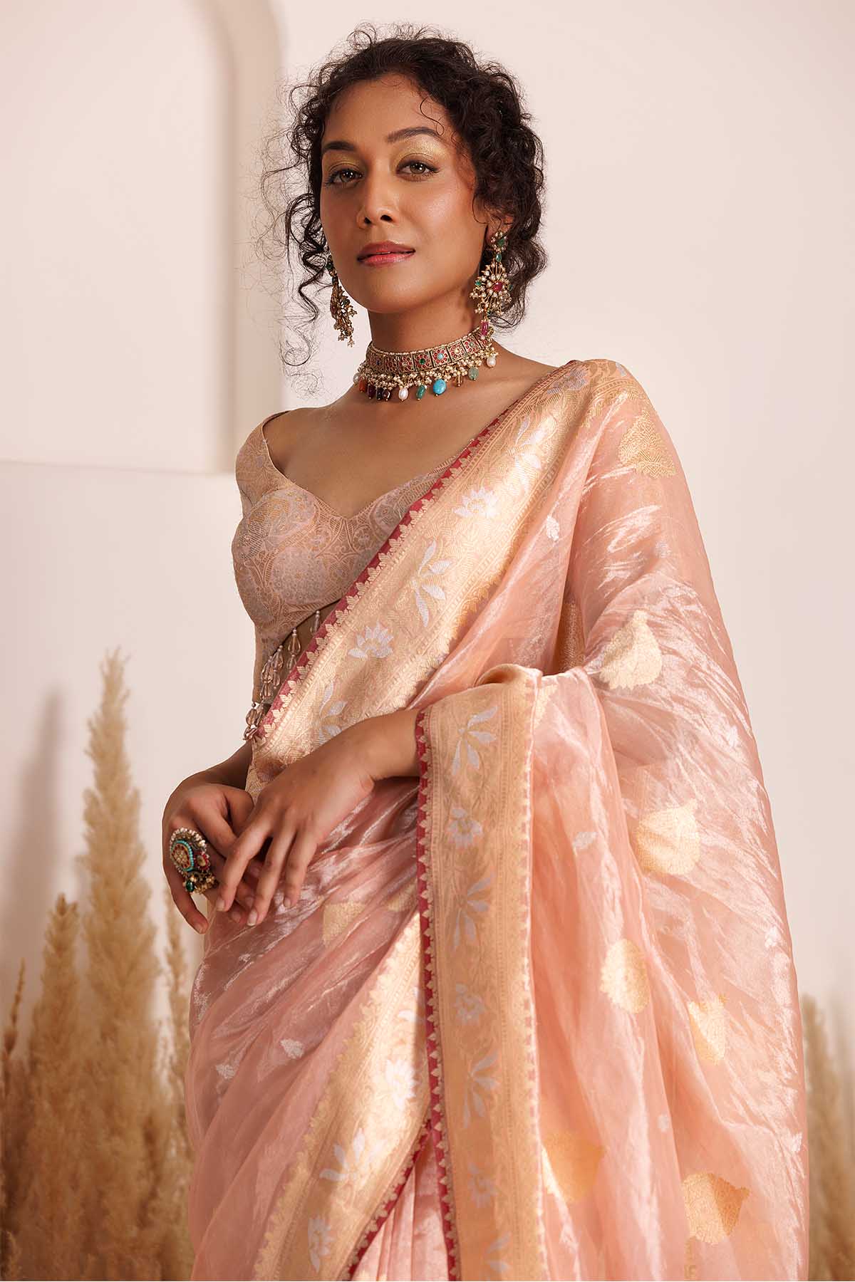 Peach Crystal Embellished Saree