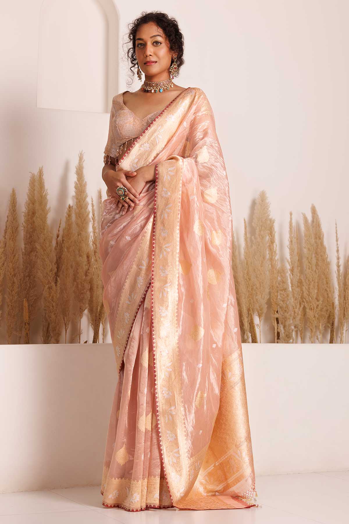 Peach Crystal Embellished Saree