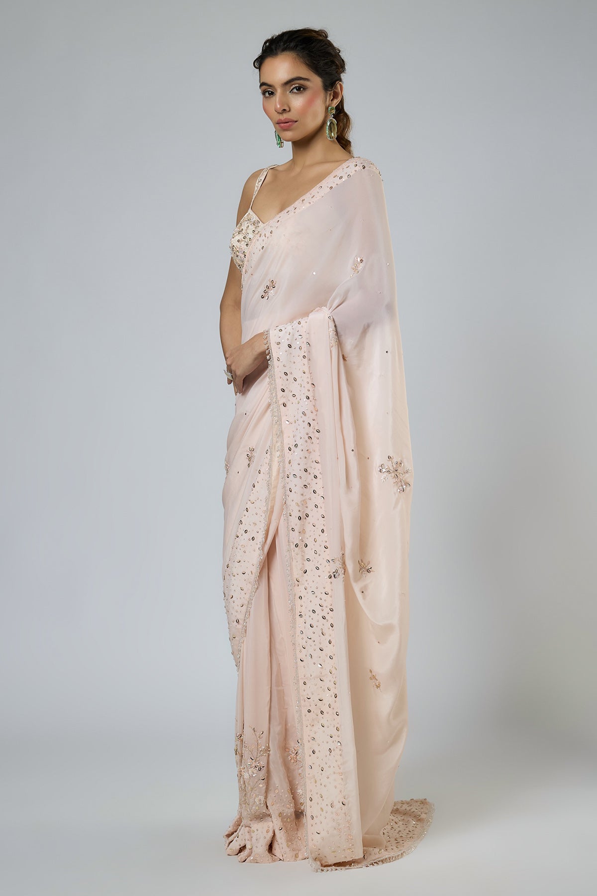 Peach Crystal Tassel Saree Set