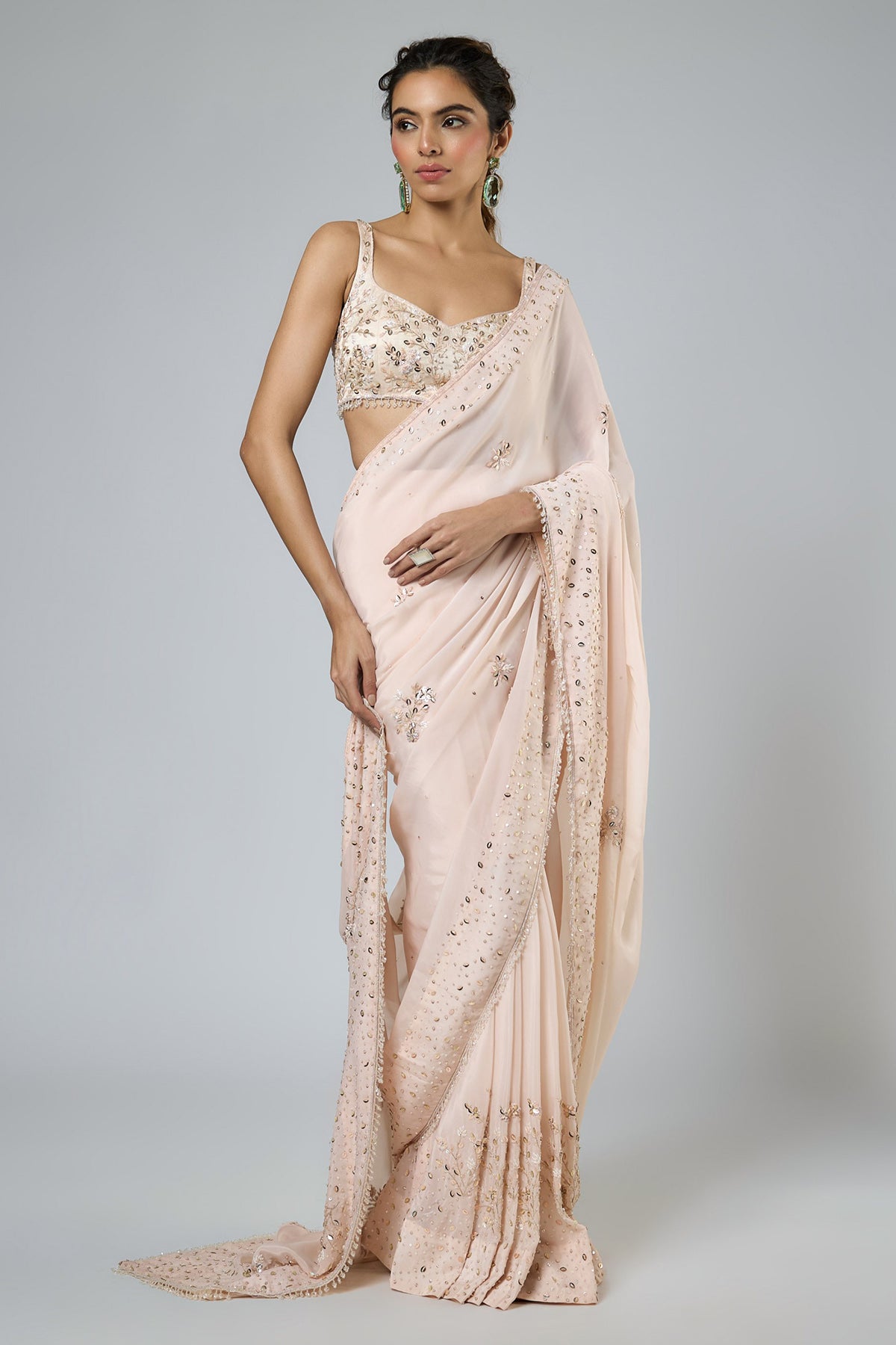 Buy Peach Crystal Tassel Saree Set for women by Masumi Mewawalla online available at scrollnshops