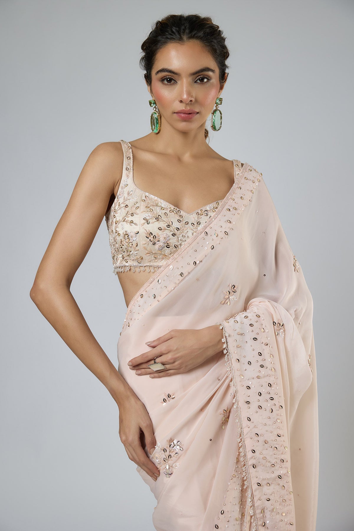 Peach Crystal Tassel Saree Set