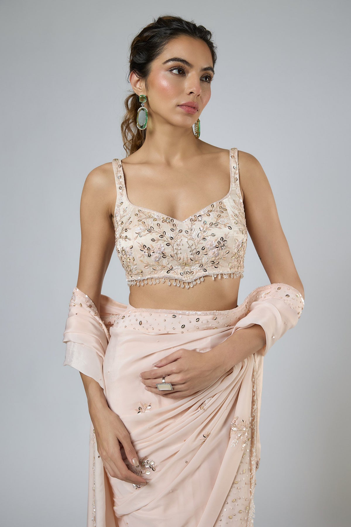 Peach Crystal Tassel Saree Set