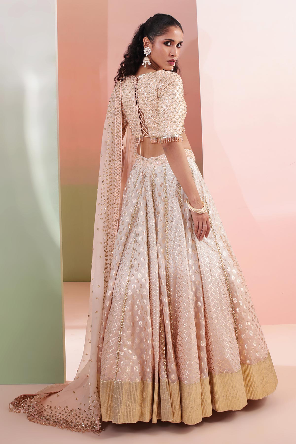 Peach Dabka & pearl Lehenga Set