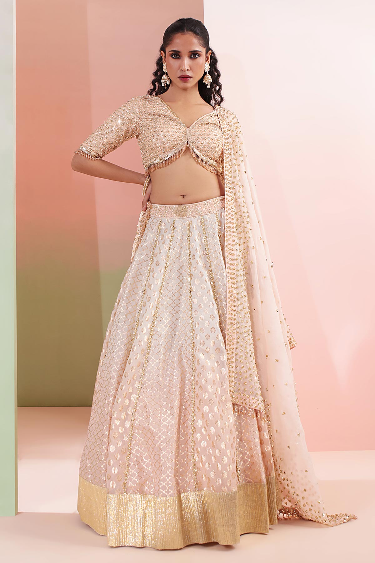 Buy Peach Dabka & pearl Lehenga Set Set for women by Priyanka Jain online available at scrollnshops