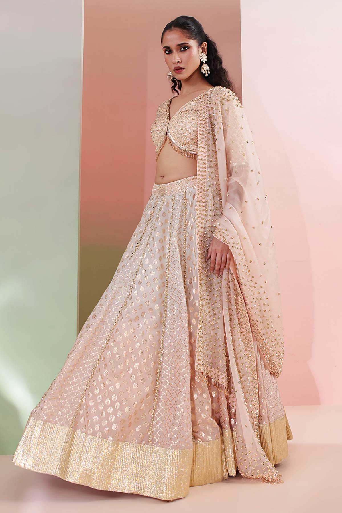 Peach Dabka & pearl Lehenga Set
