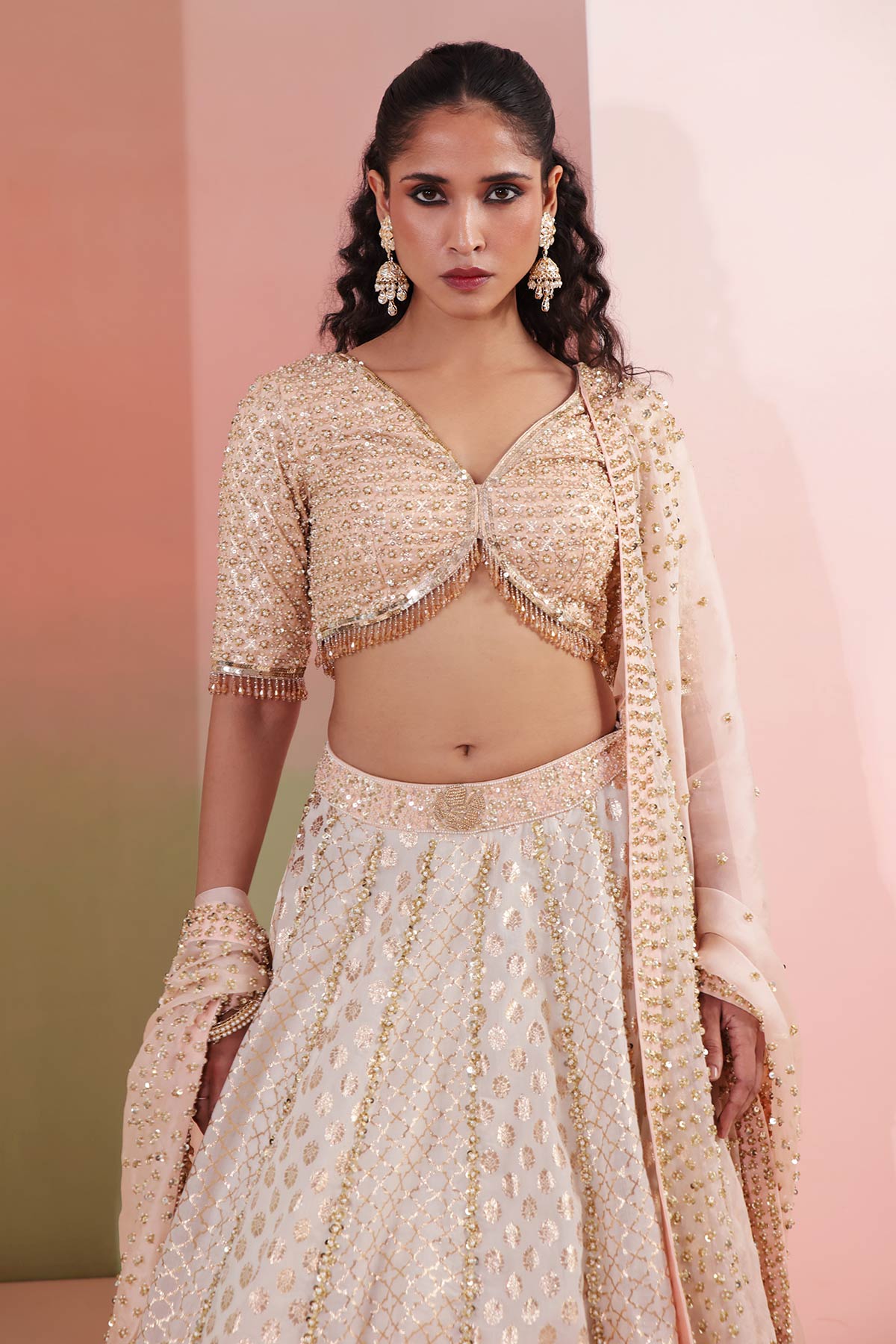 Peach Dabka & pearl Lehenga Set