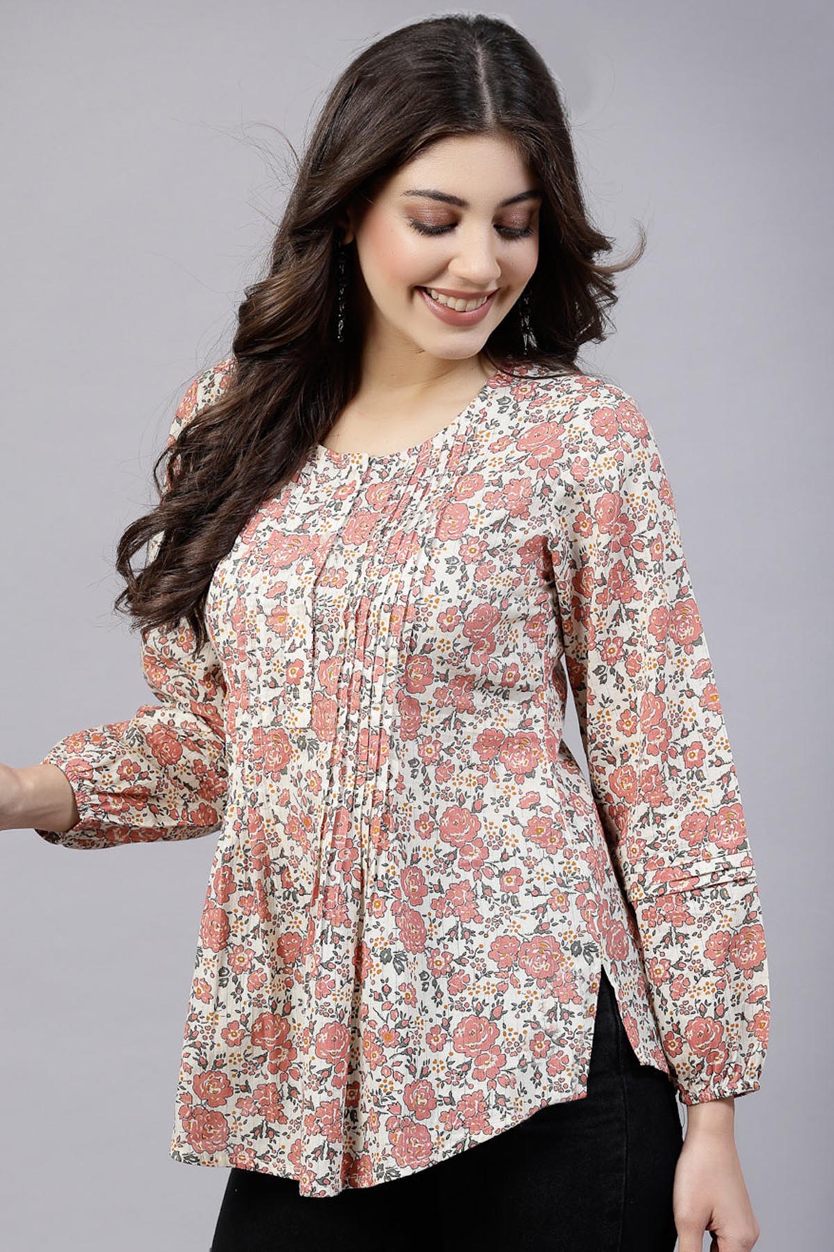 Buy Peach Ditsy Printed Pintuck Top for Women by Qomn Designer online available at scrollnshops