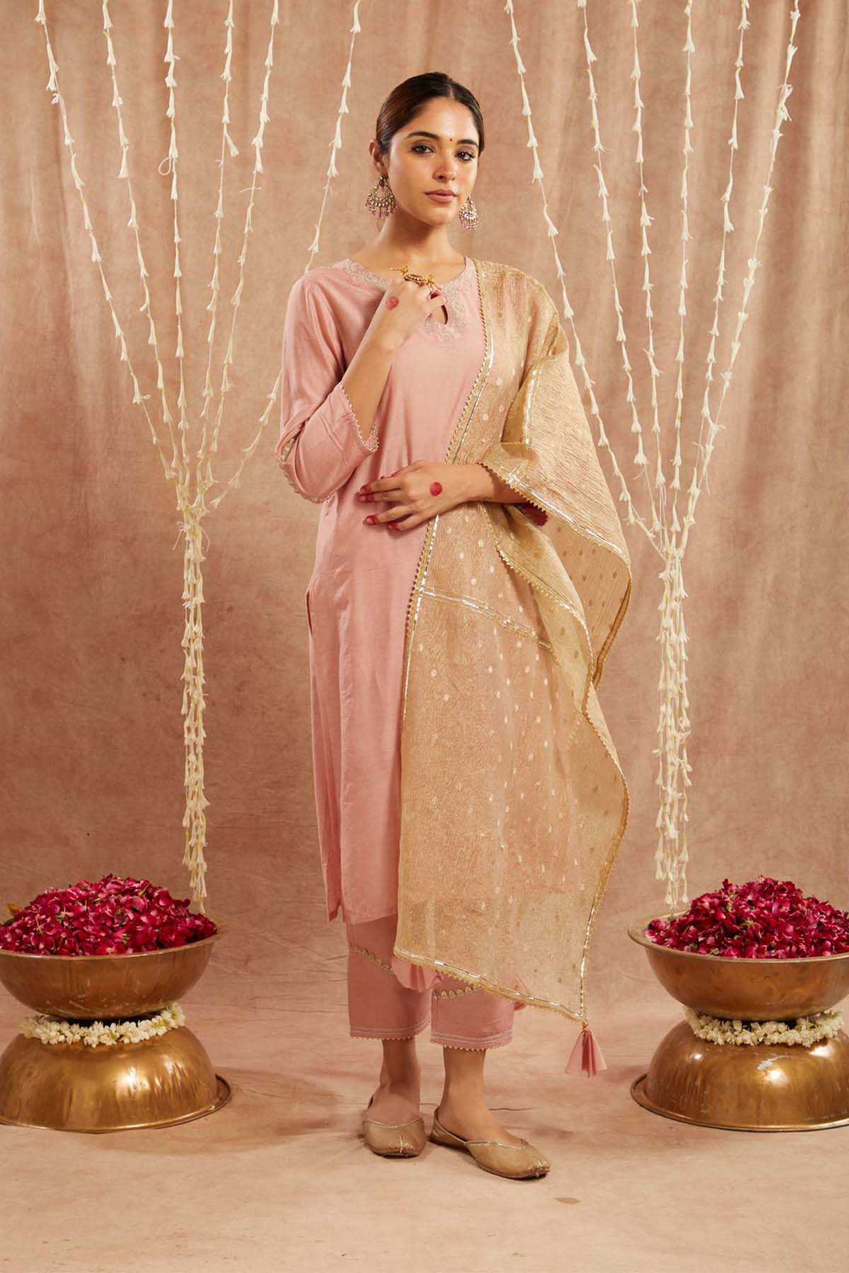 Buy Peach Dori Chanderi Kurta Set by Nero for women online at ScrollnShops