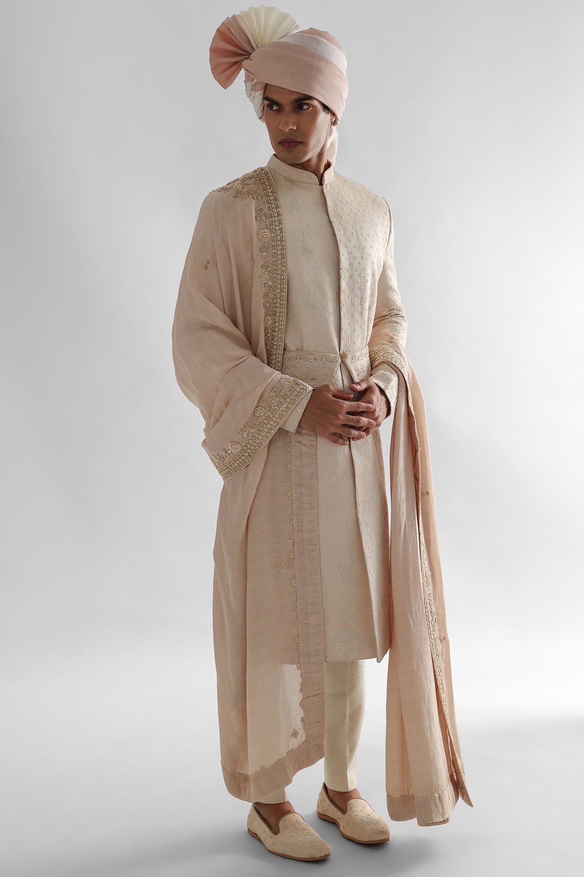 Peach Dori Work Sherwani Set