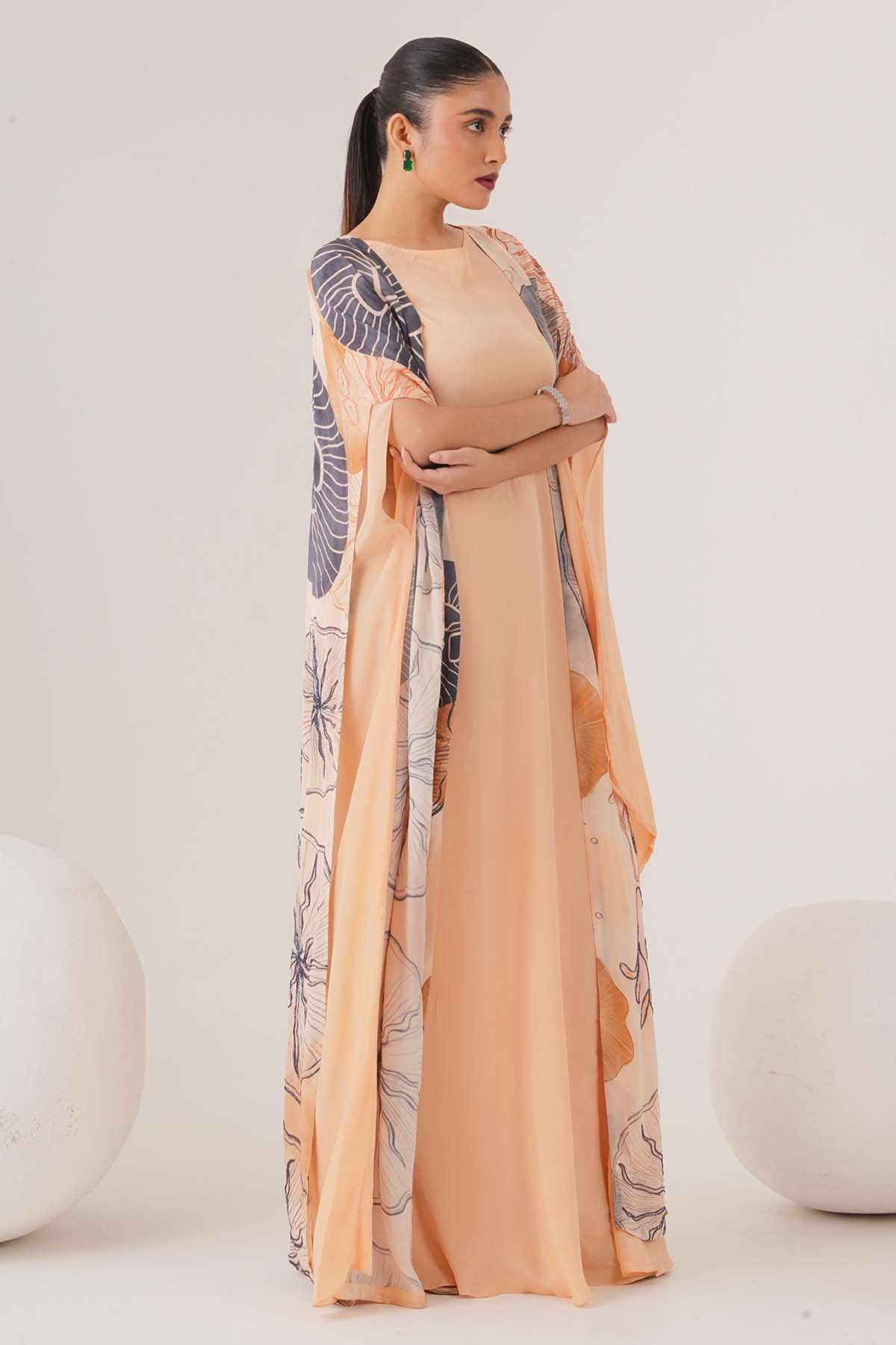Peach Drape Maxi Dress & Cape