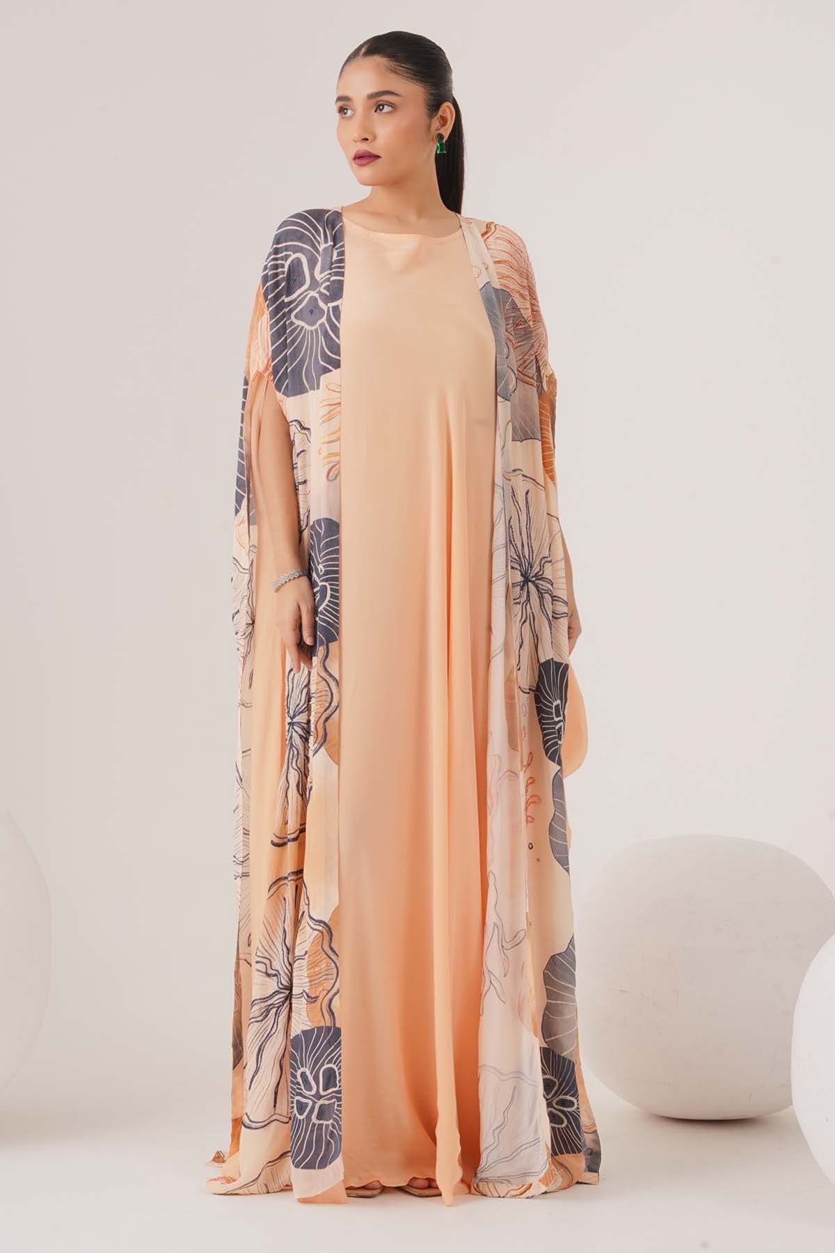 Buy Peach Drape Maxi Dress & Cape by Shristi Chetani for women online at ScrollnShops