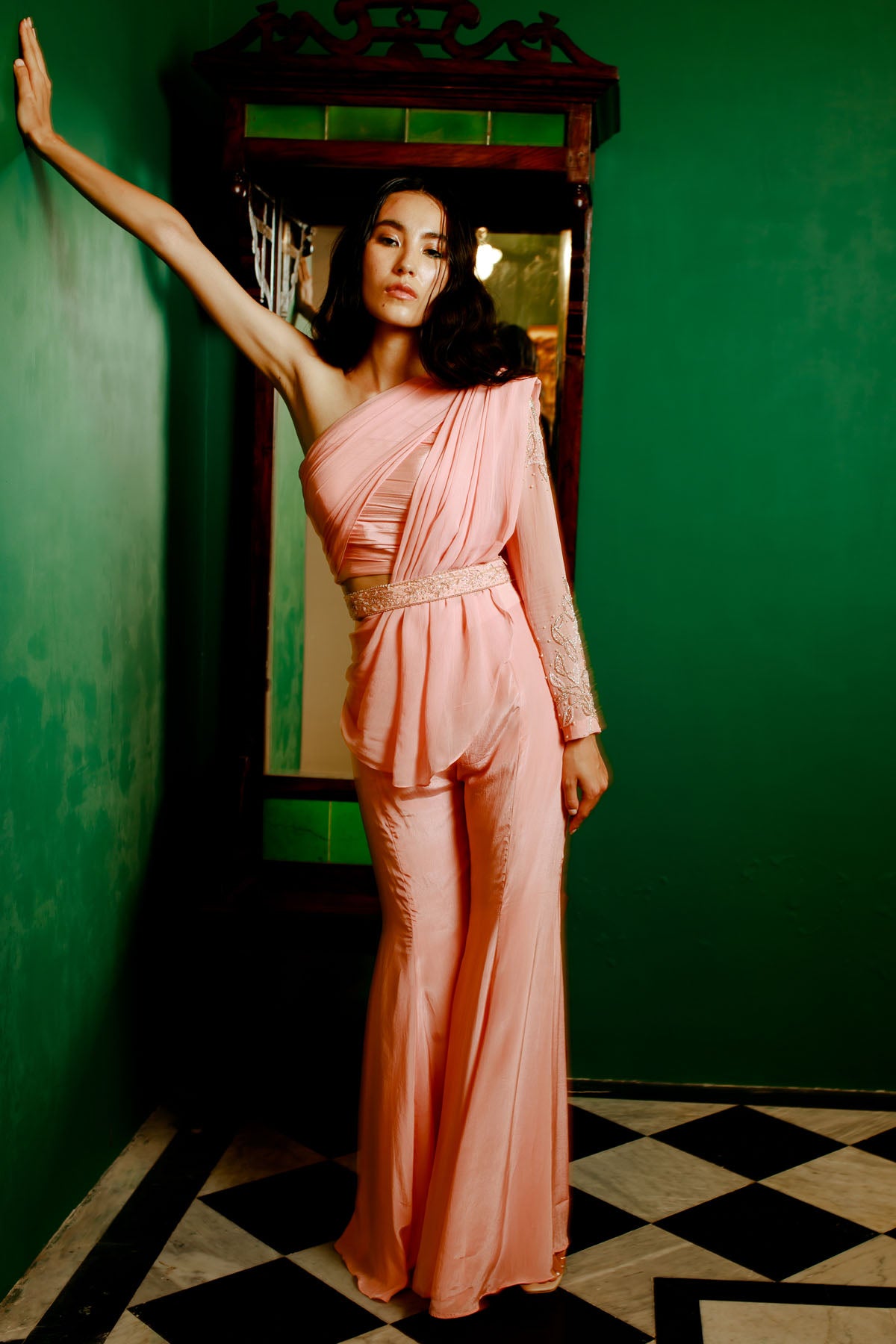 Peach Draped Indo-Western Set