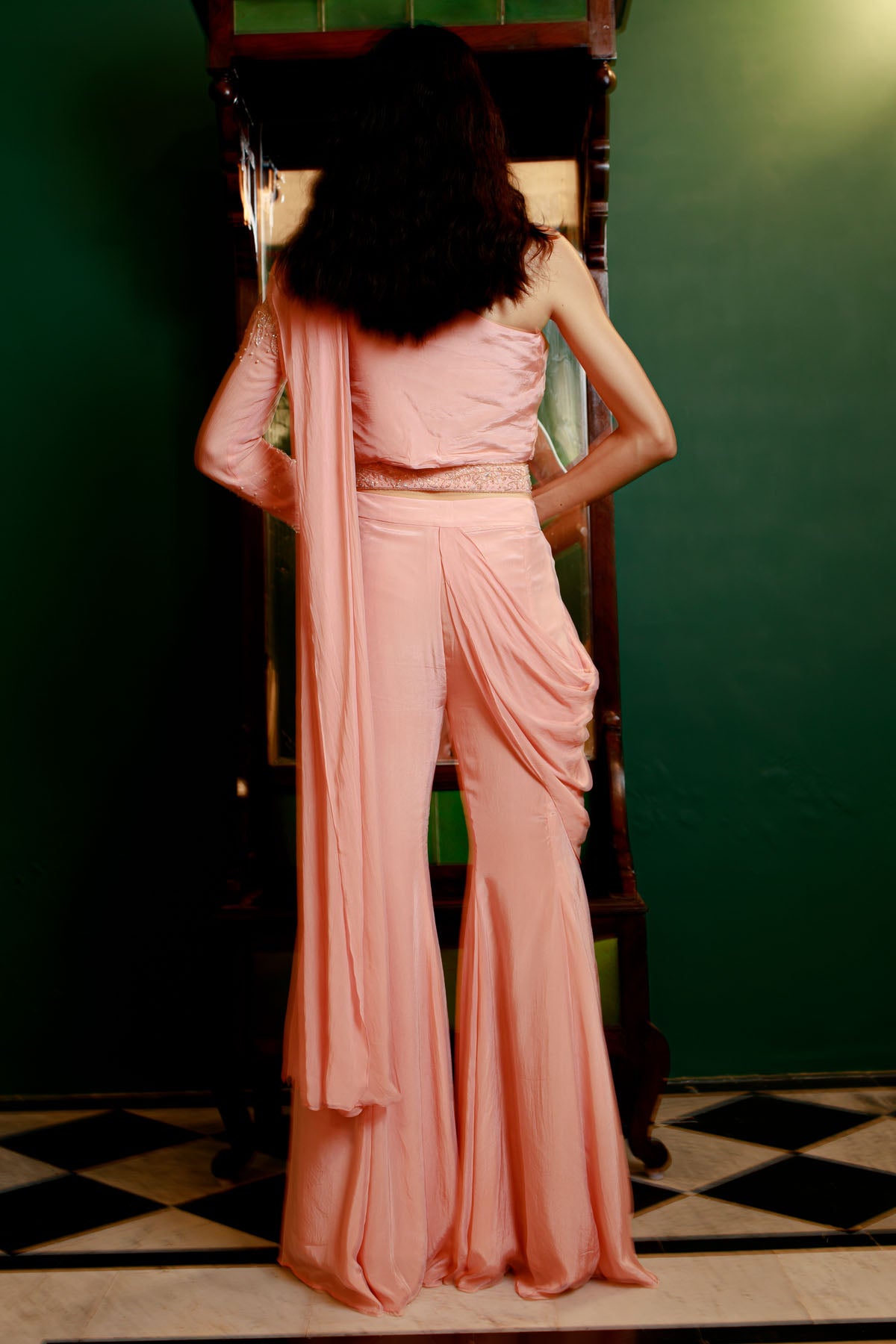 Peach Draped Indo-Western Set