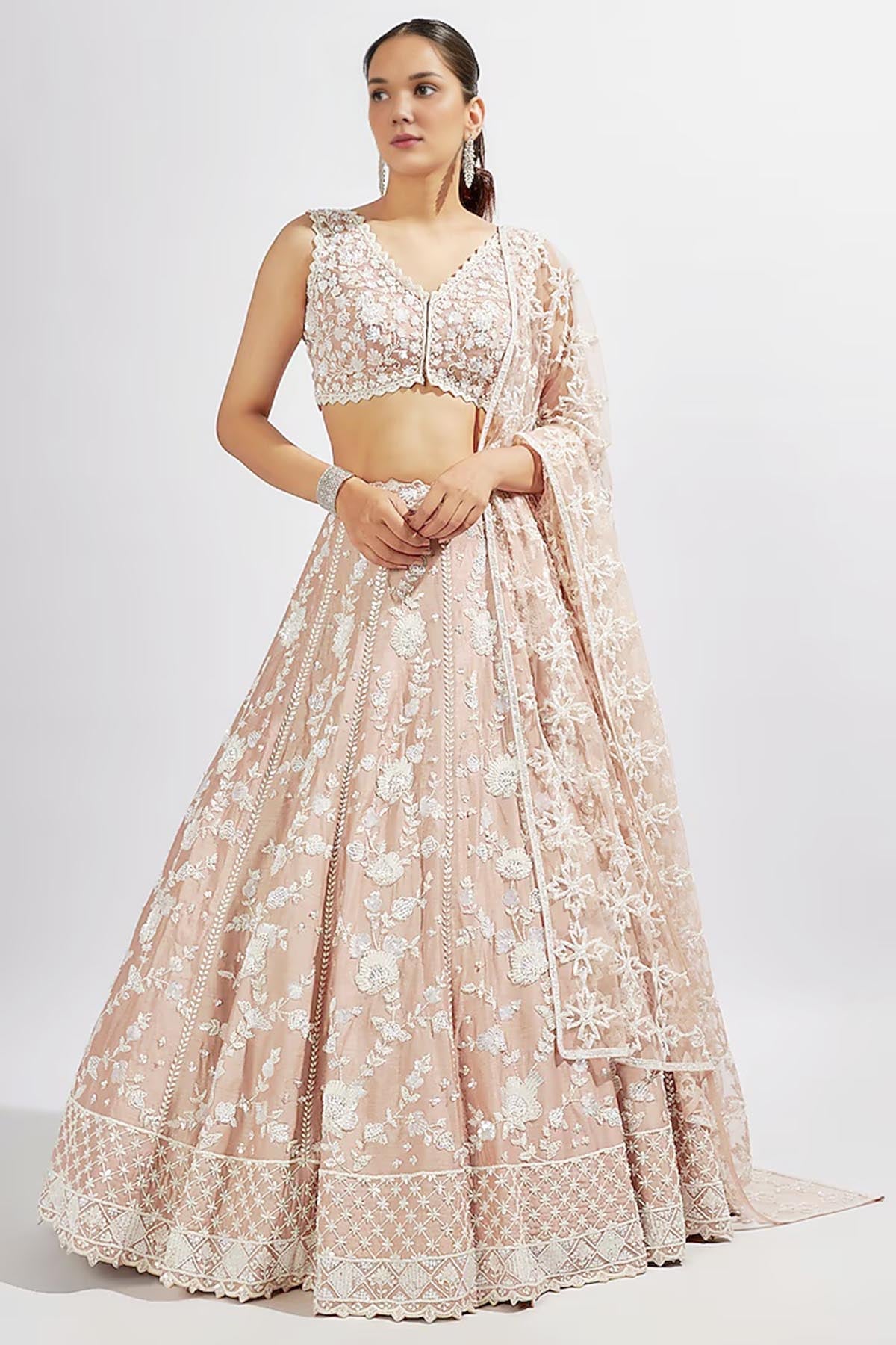 Buy Peach Dupion Sequins Lehenga Set by Shlok Design for women online at ScrollnShops