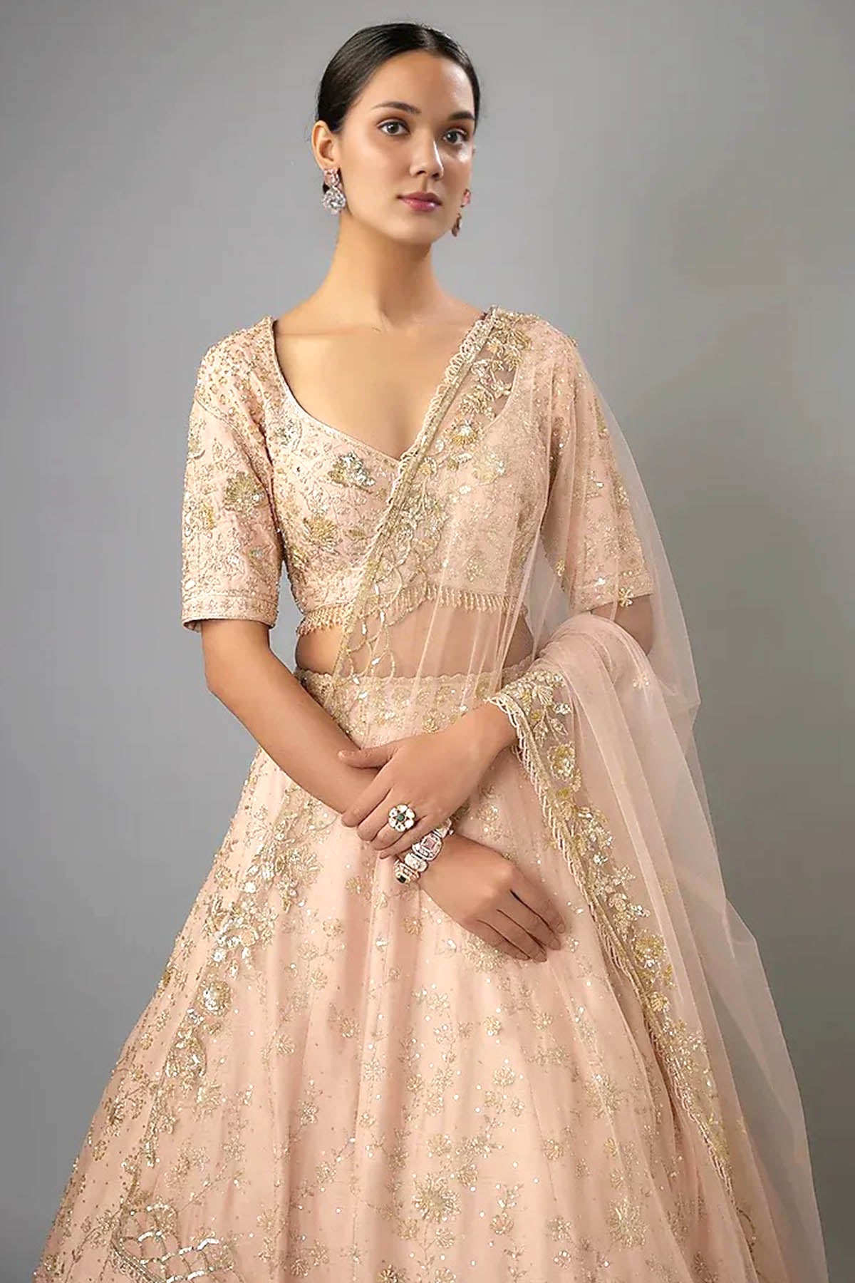 Peach Dupion Zardozi Lehenga Set