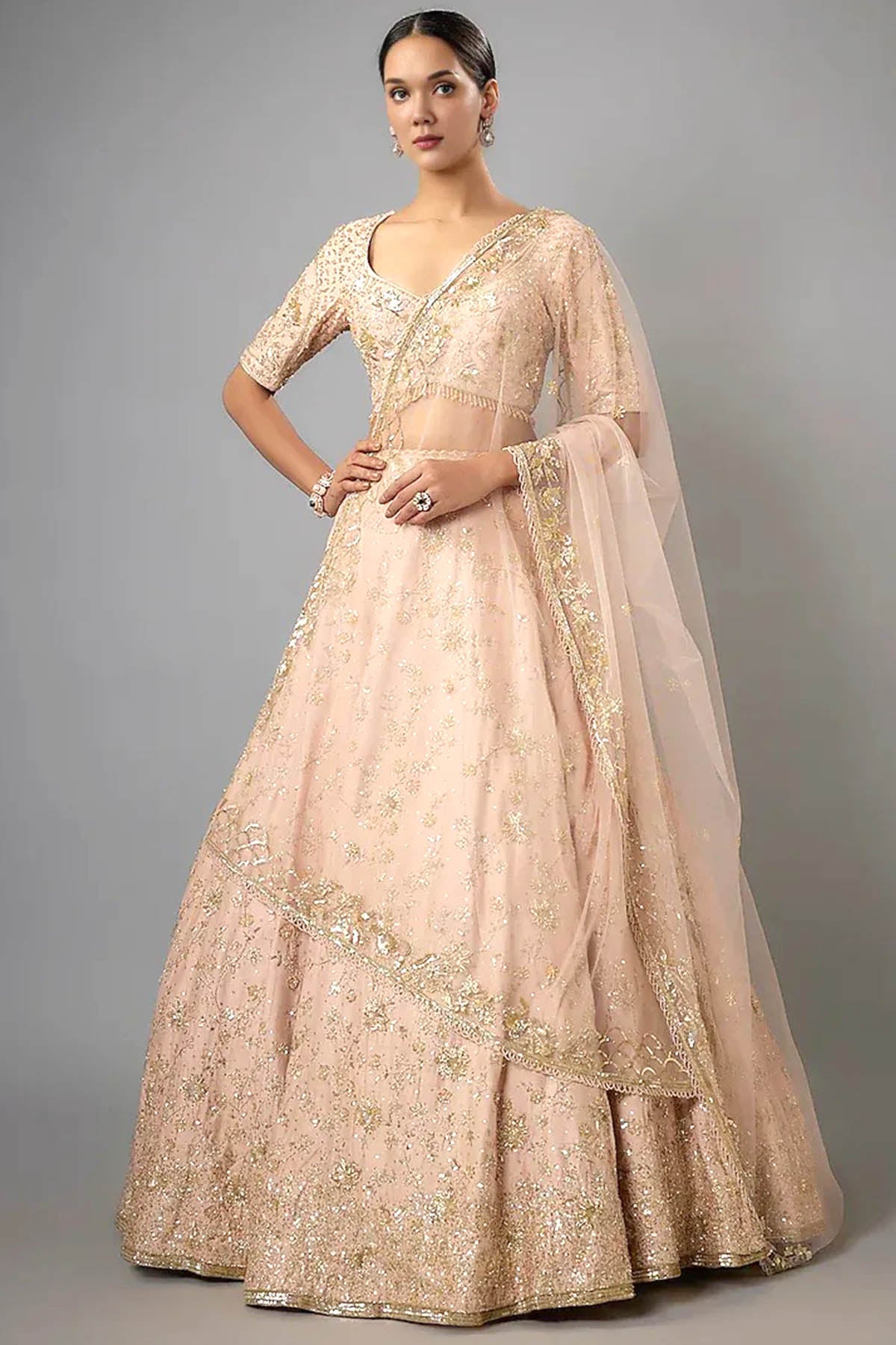 Buy Peach Dupion Zardozi Lehenga Set by Shlok Design for women online at ScrollnShops