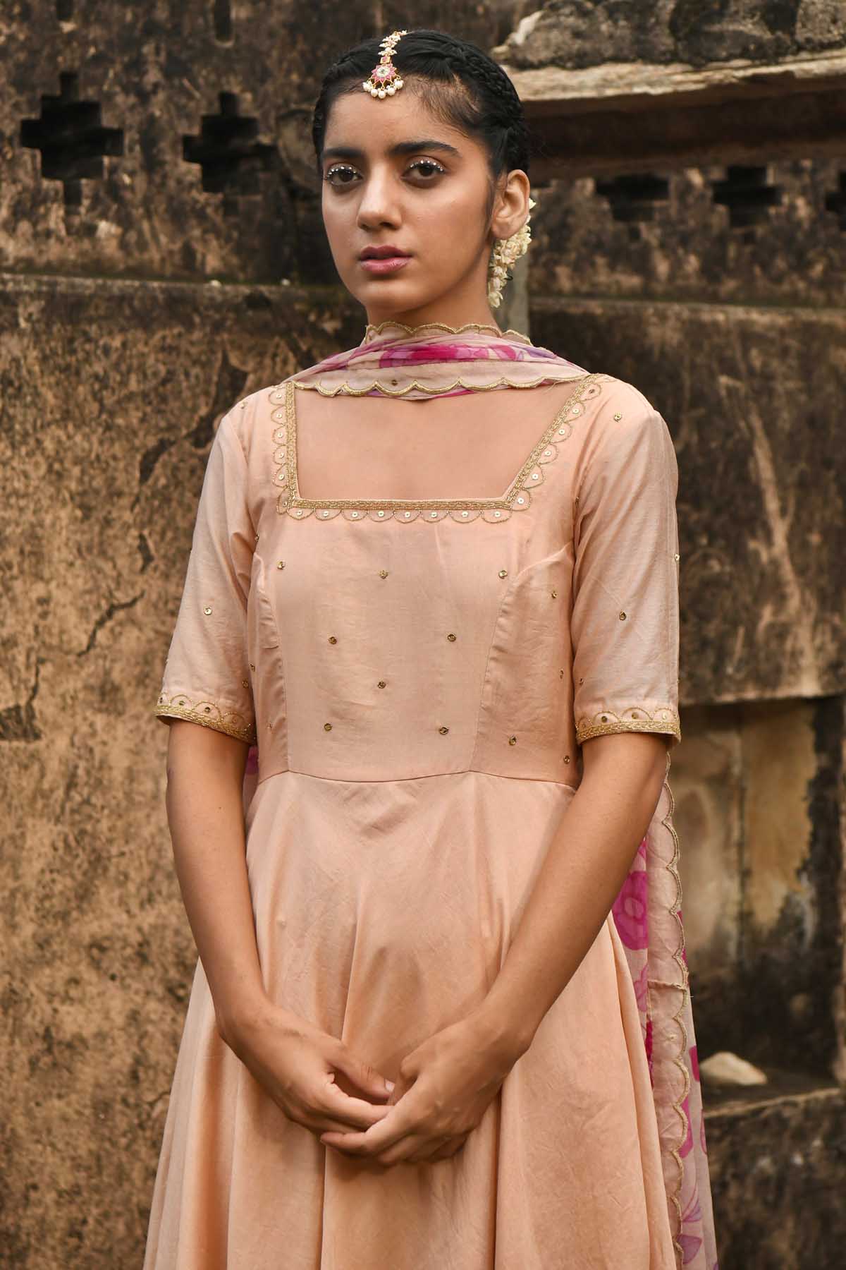 Peach Embellished Anarkali Set