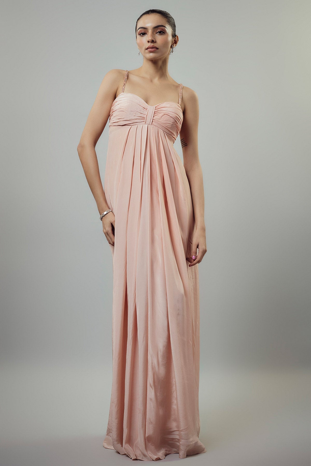 Buy Peach Embellished Drape Gown by Emblaze for women online at ScrollnShops