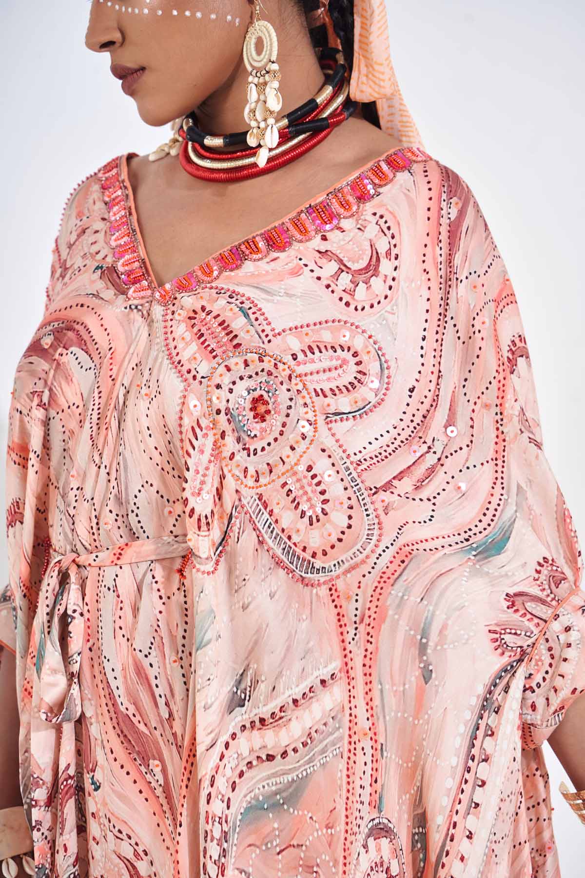 Peach Embellished Kaftan Dress