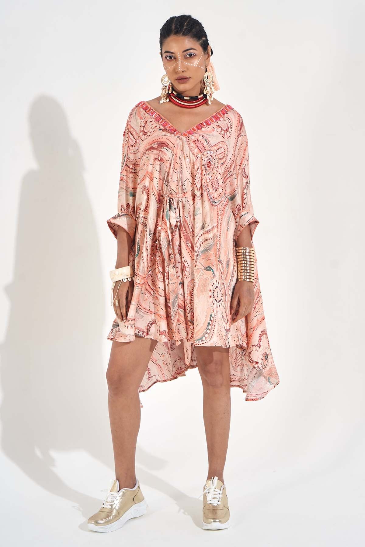 Demira Peach Embellished Kaftan Dress for women online at ScrollnShops