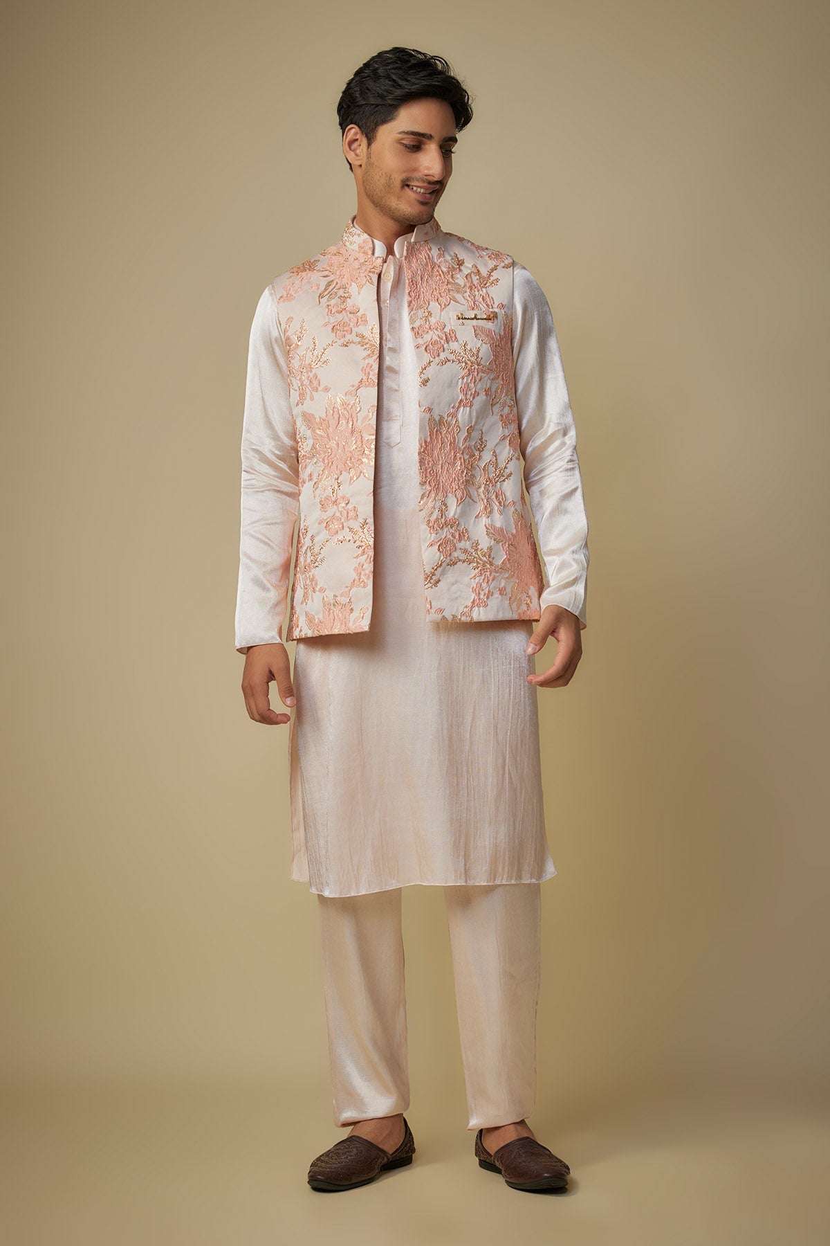 Buy Peach Embroidered Bundi Set by Masumi Mewawalla for men online at ScrollnShops