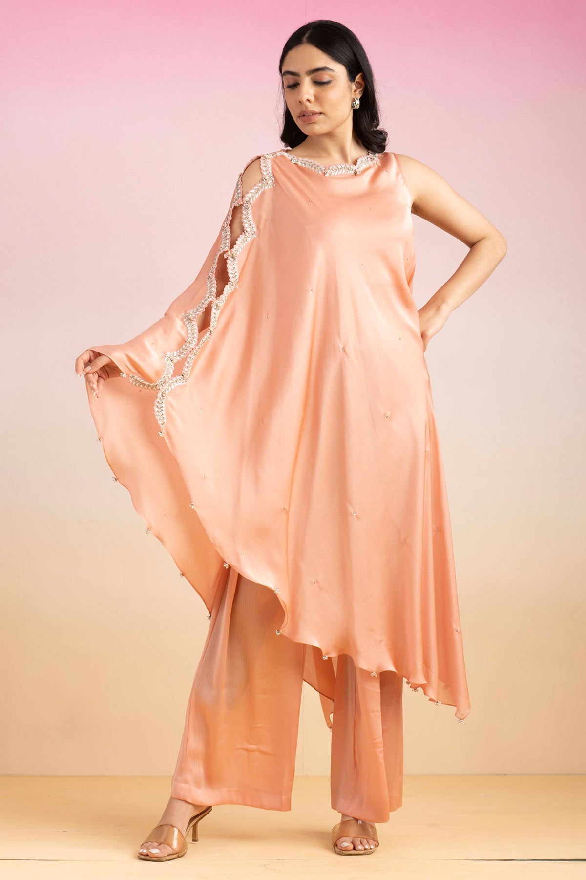 Ajiesh Oberoi Peach Embroidered Cape Set for Women online at ScrollnShops