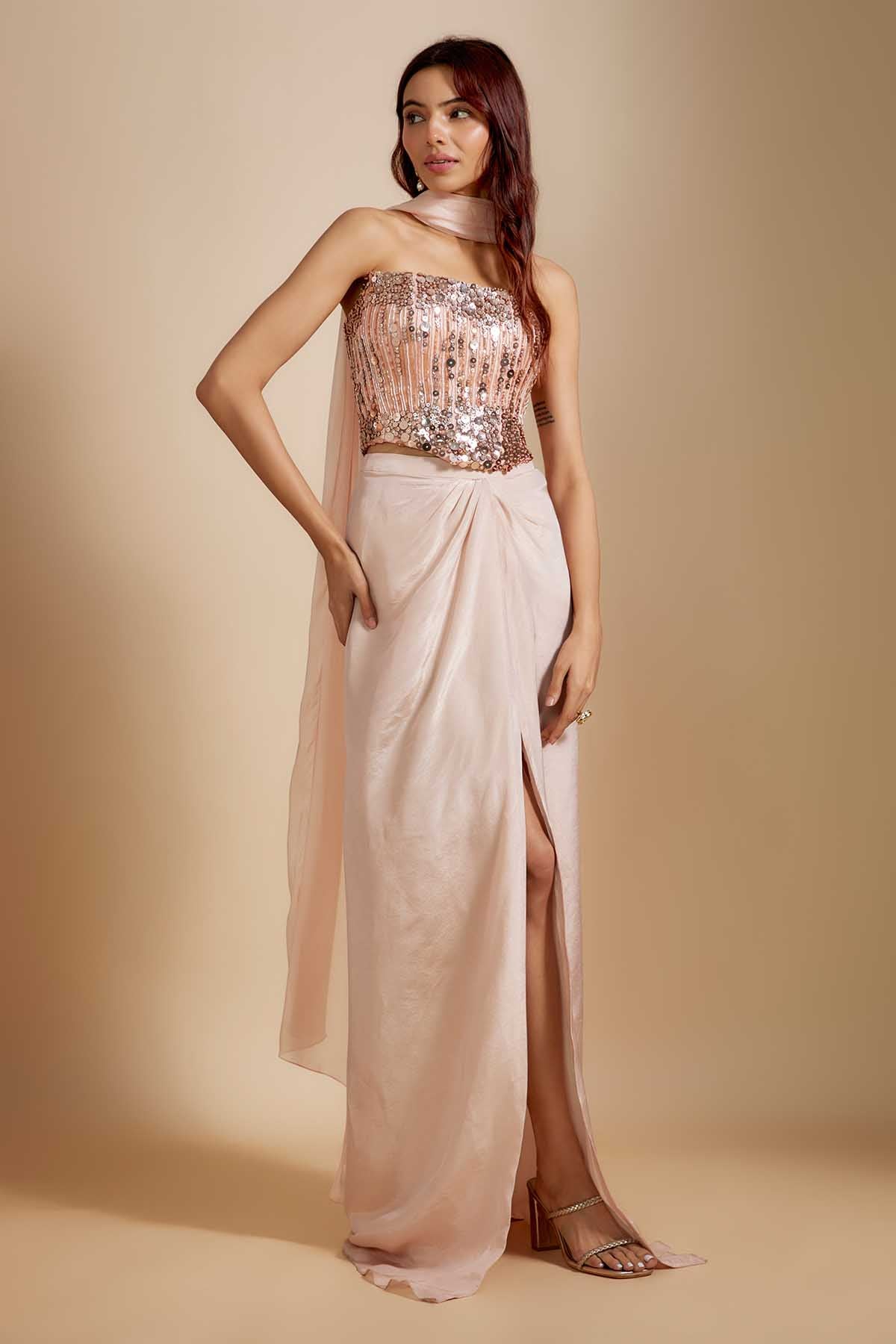 Buy Peach Embroidered Corset & Skirt by Masumi Mewawalla for women online at ScrollnShops