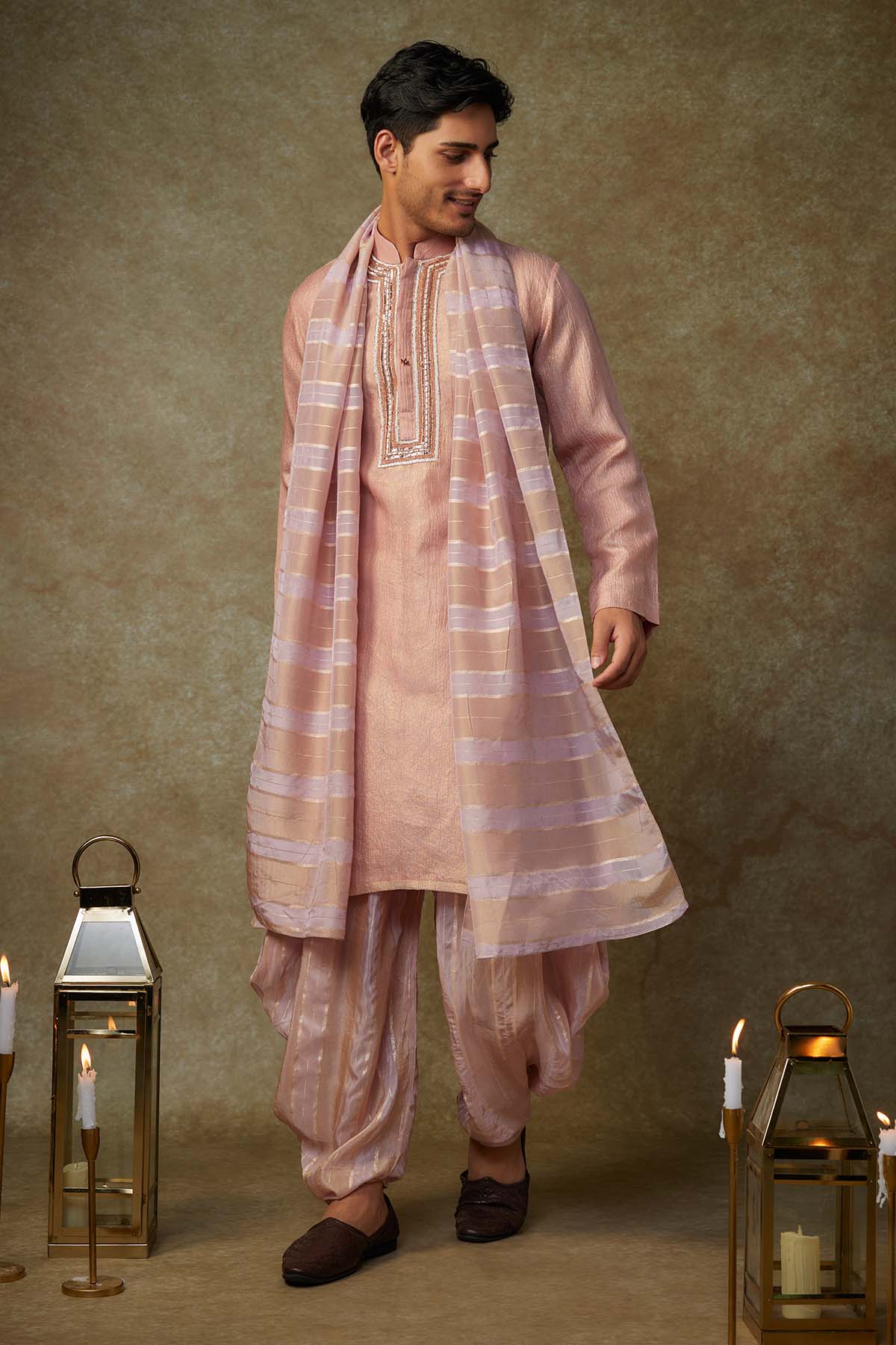 Buy Peach Embroidered Dhoti Set by Masumi Mewawalla for men online at ScrollnShops