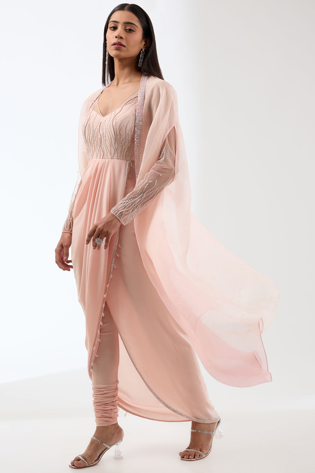 Anjali Kanwar Peach Embroidered Drape Cape Set for women online at ScrollnShops