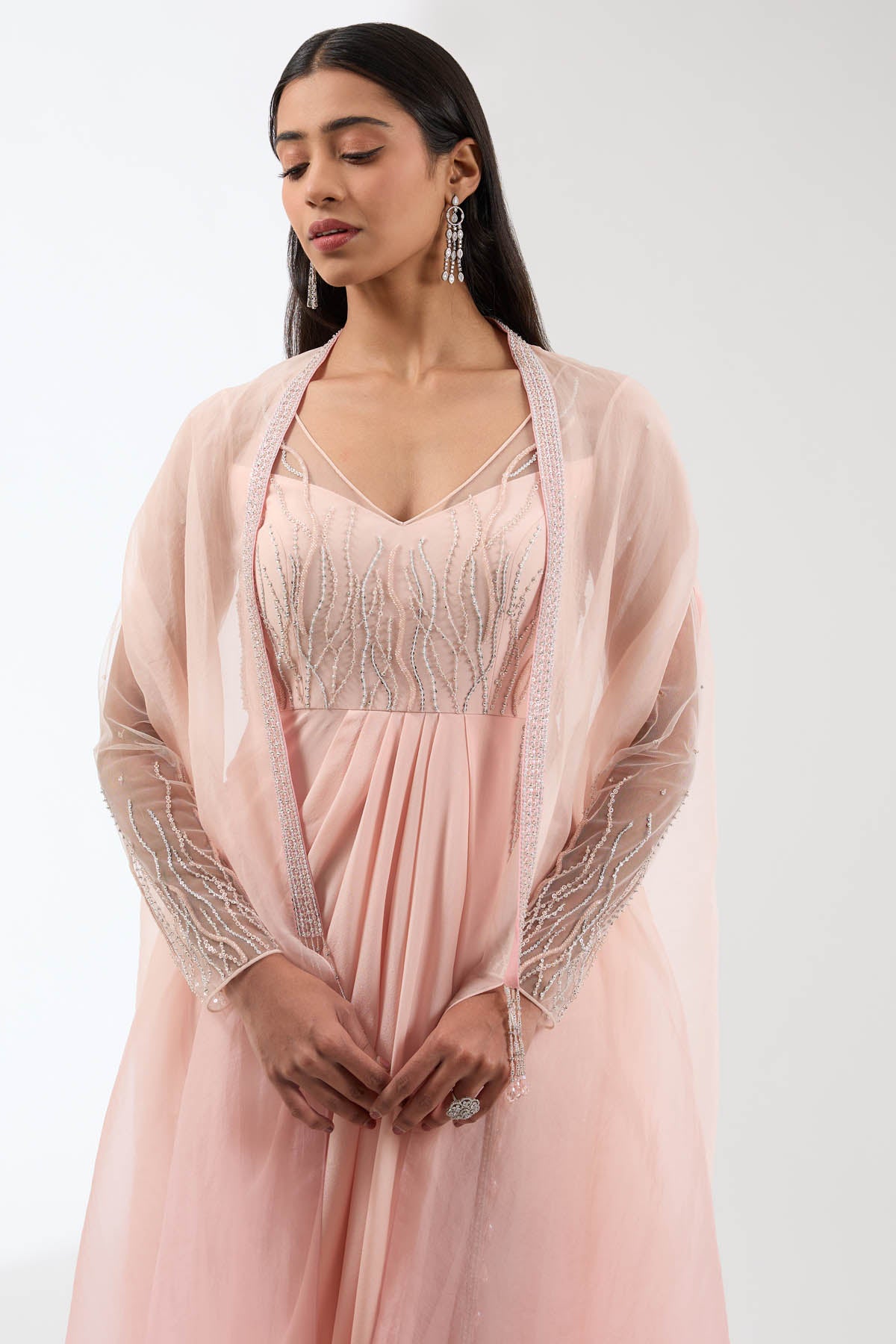 Peach Embroidered Drape Cape Set