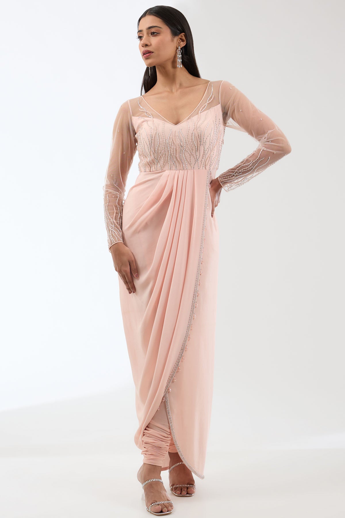 Peach Embroidered Drape Cape Set