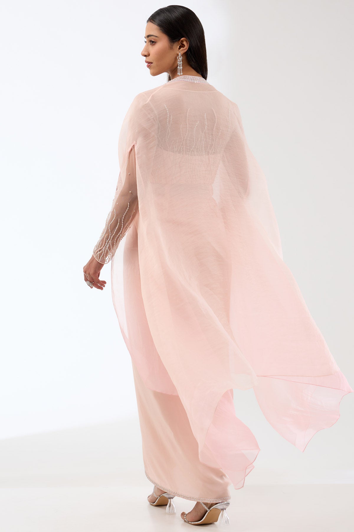 Peach Embroidered Drape Cape Set