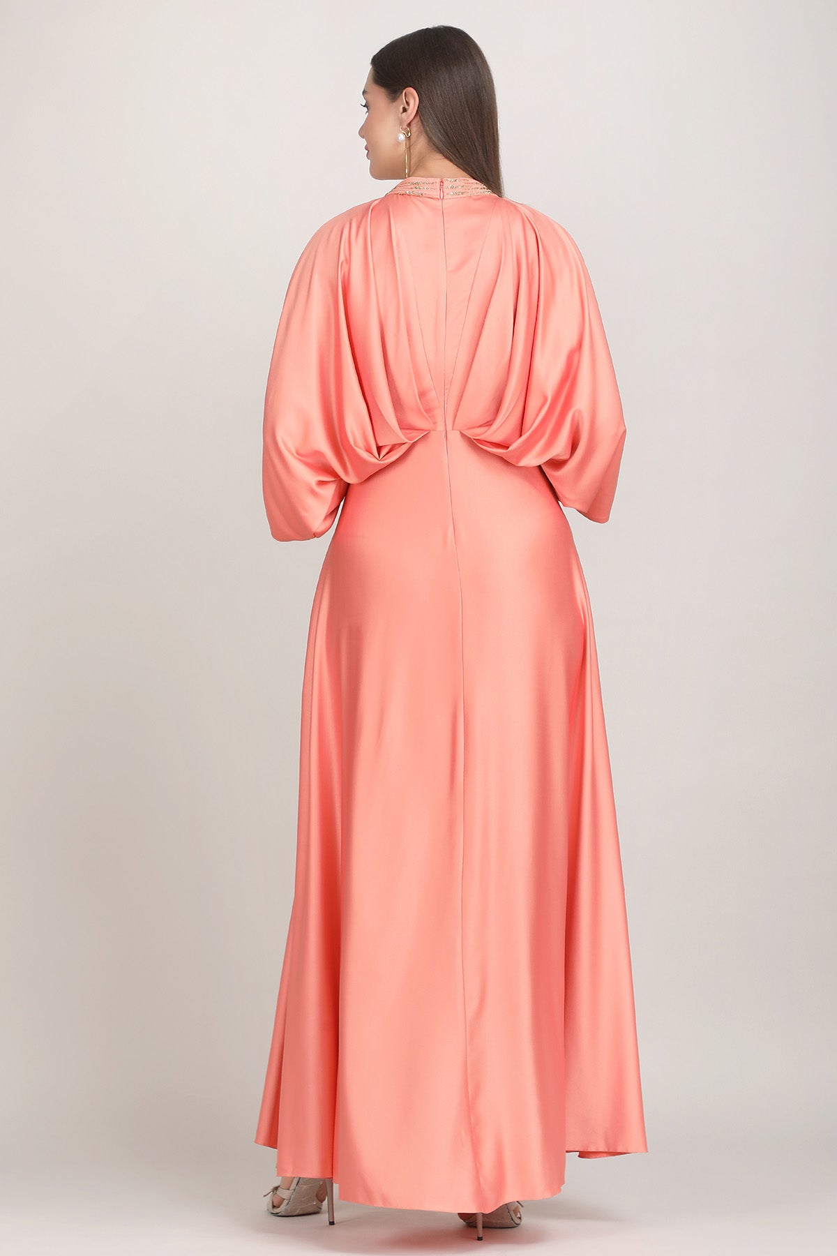 Peach Embroidered Drape Kaftan