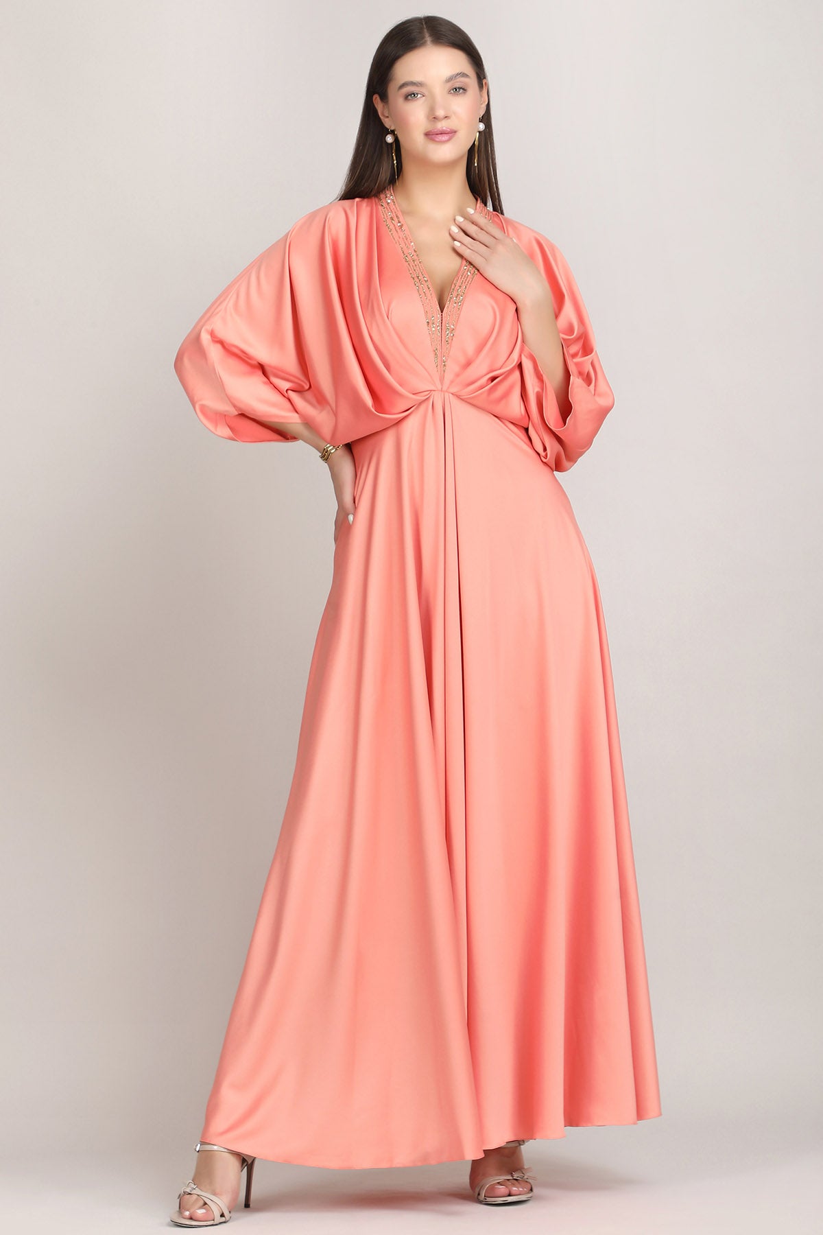 Peach Embroidered Drape Kaftan
