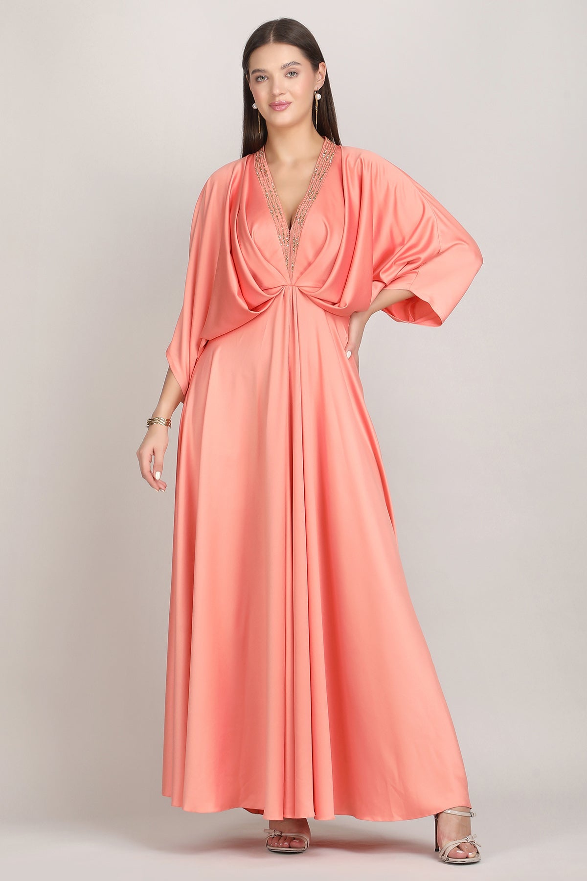 Buy Peach Embroidered Drape Kaftan for women by Mandira Wirk online available at scrollnshops